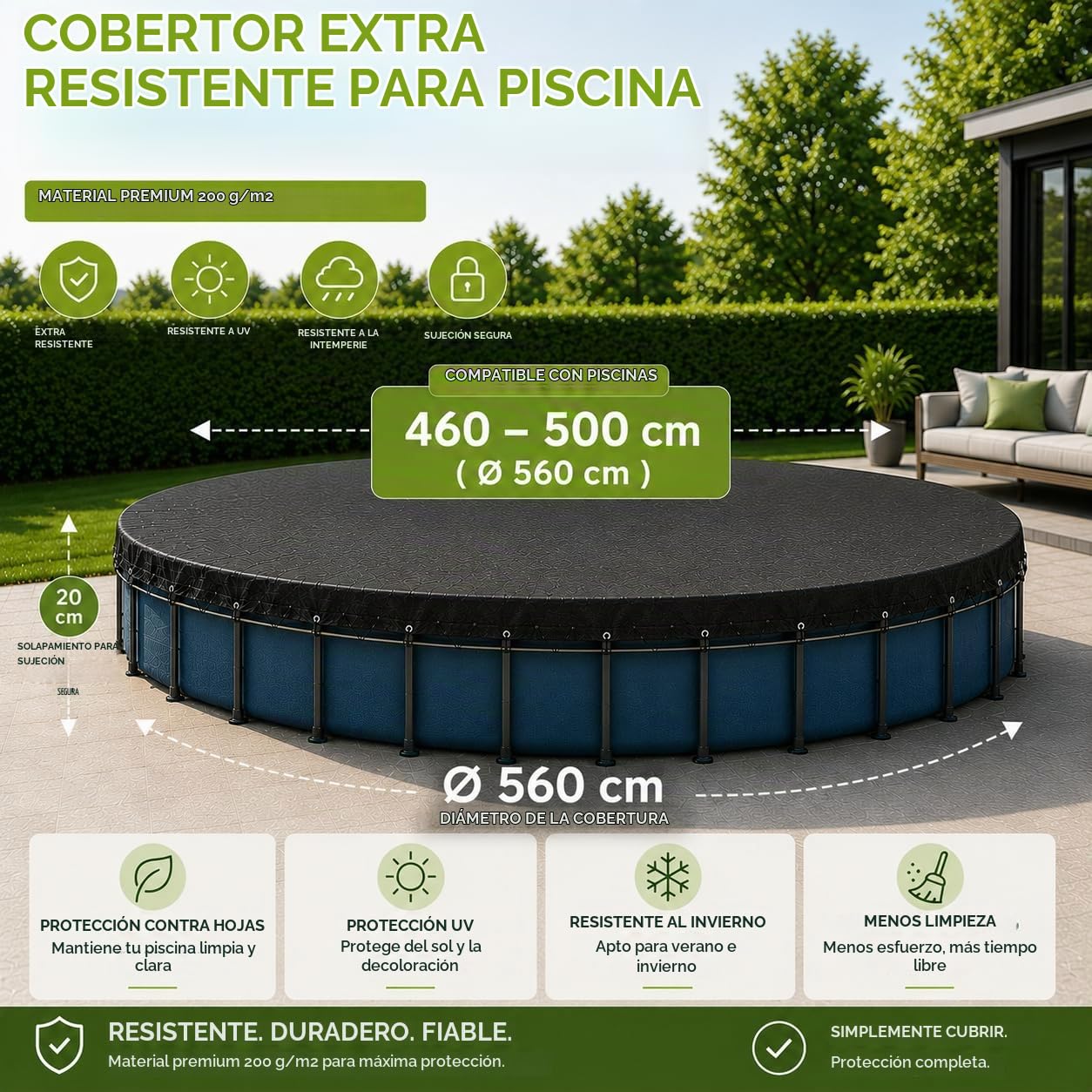 Cubierta de piscina redonda, extrafuerte, 200 g/m², cubierta solar resistente a los rayos UV, para verano e invierno, lona de piscina resistente en color negro (460-500 cm (560 cm de diámetro)