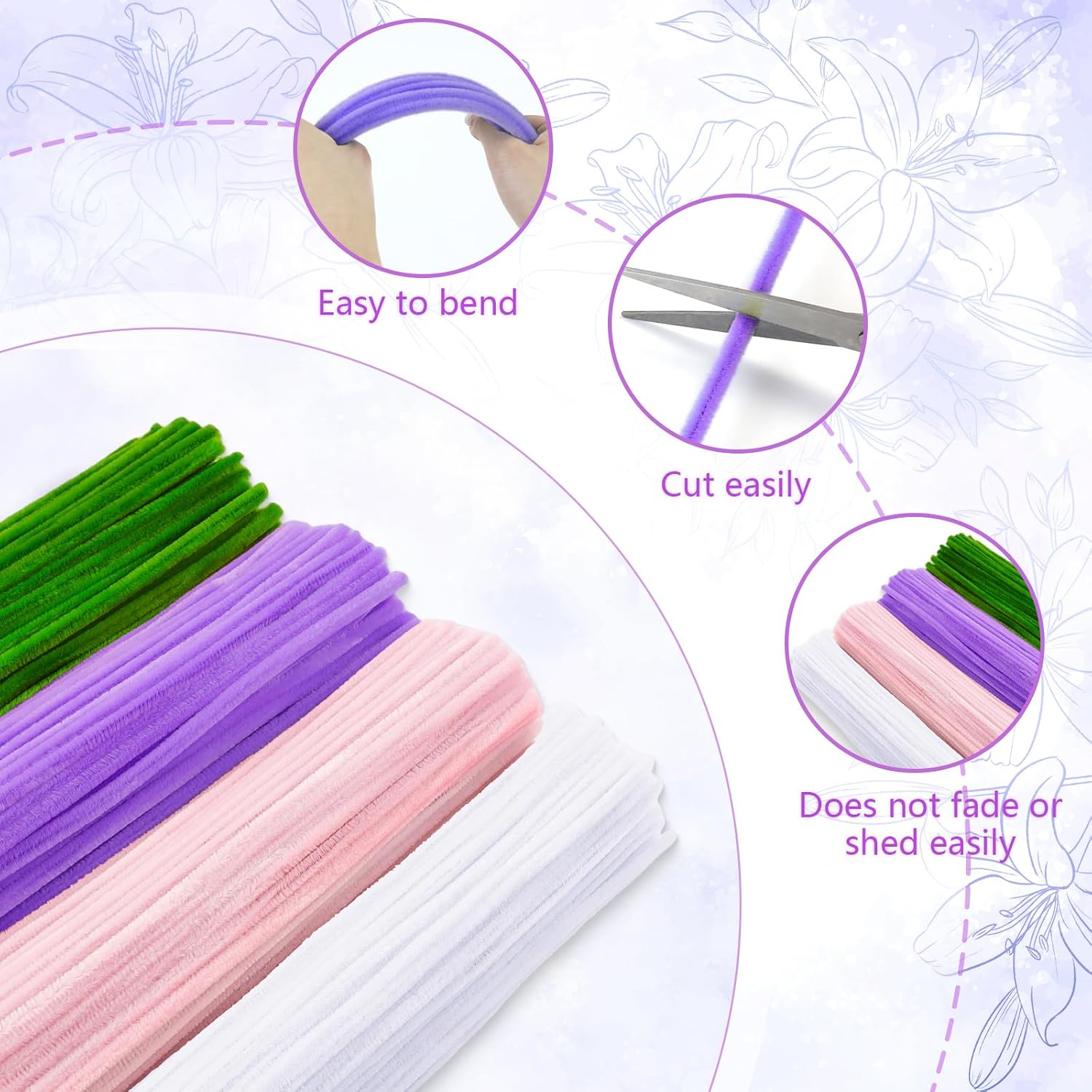 400 Pcs Pipe Cleaners Craft for Flowers, 4 Colored Pipe Cleaner Flower Kit image 3