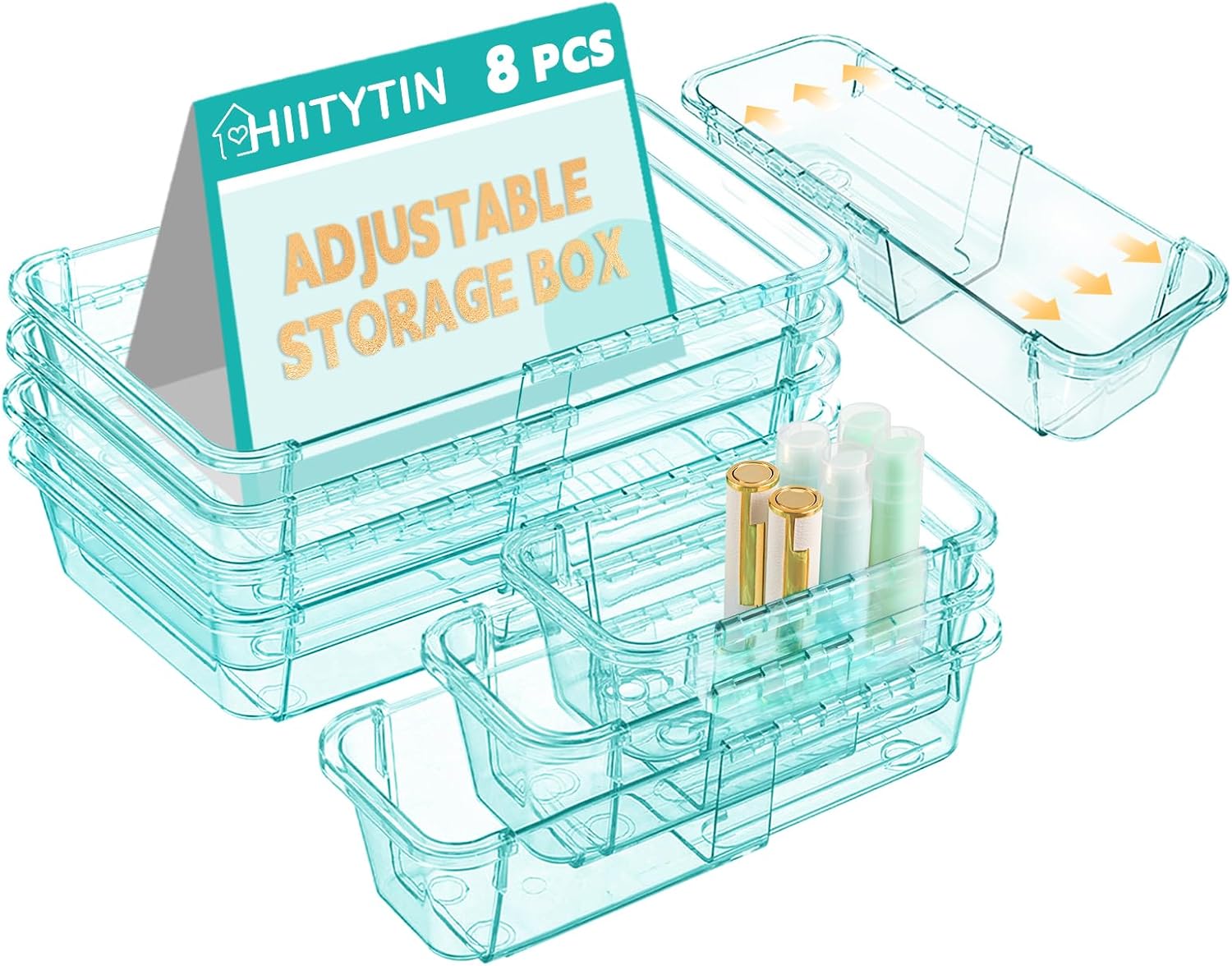 15 Pcs Extendable Clear Drawer Organizer, All Adjustable Vanity Storage Box, 2-Size Desk Drawer Organizer, Acrylic Storage Bins for Makeup, Bedroom Dressers Tool Organizer for Gadgets, Blue