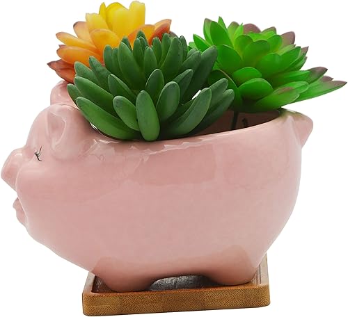 Miniatura 4 de Macetas para suculentas, bonitas macetas de cerámica con forma de cerdo de animales con bandeja de bambú, planta no incluida (blanco, 3.93 pulgadas)