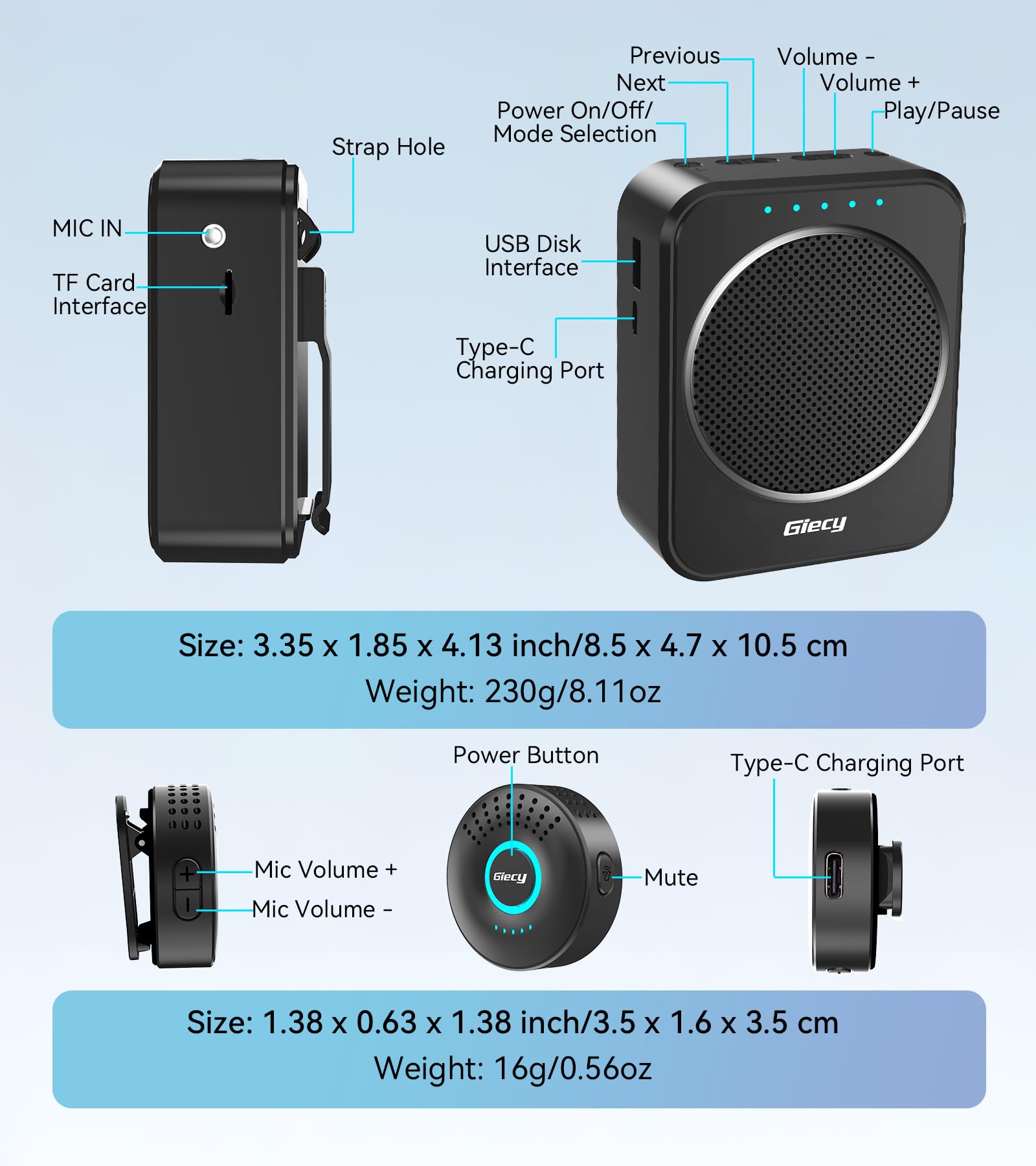 Sprachverstärker mit Kabellosem Lavalier-Mikrofon Tragbar, DSP Anti-Feedback, 2800mAh Akku, PA-System für Lehrer, Führungen, Präsentationen, Outdoor