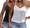 Ekouaer Women's Satin Cami Tank Top Basic Shirt V-Neck Sleeveless Blouses Strappy Top Silk Top Undershirt 2 Pack S-XXL