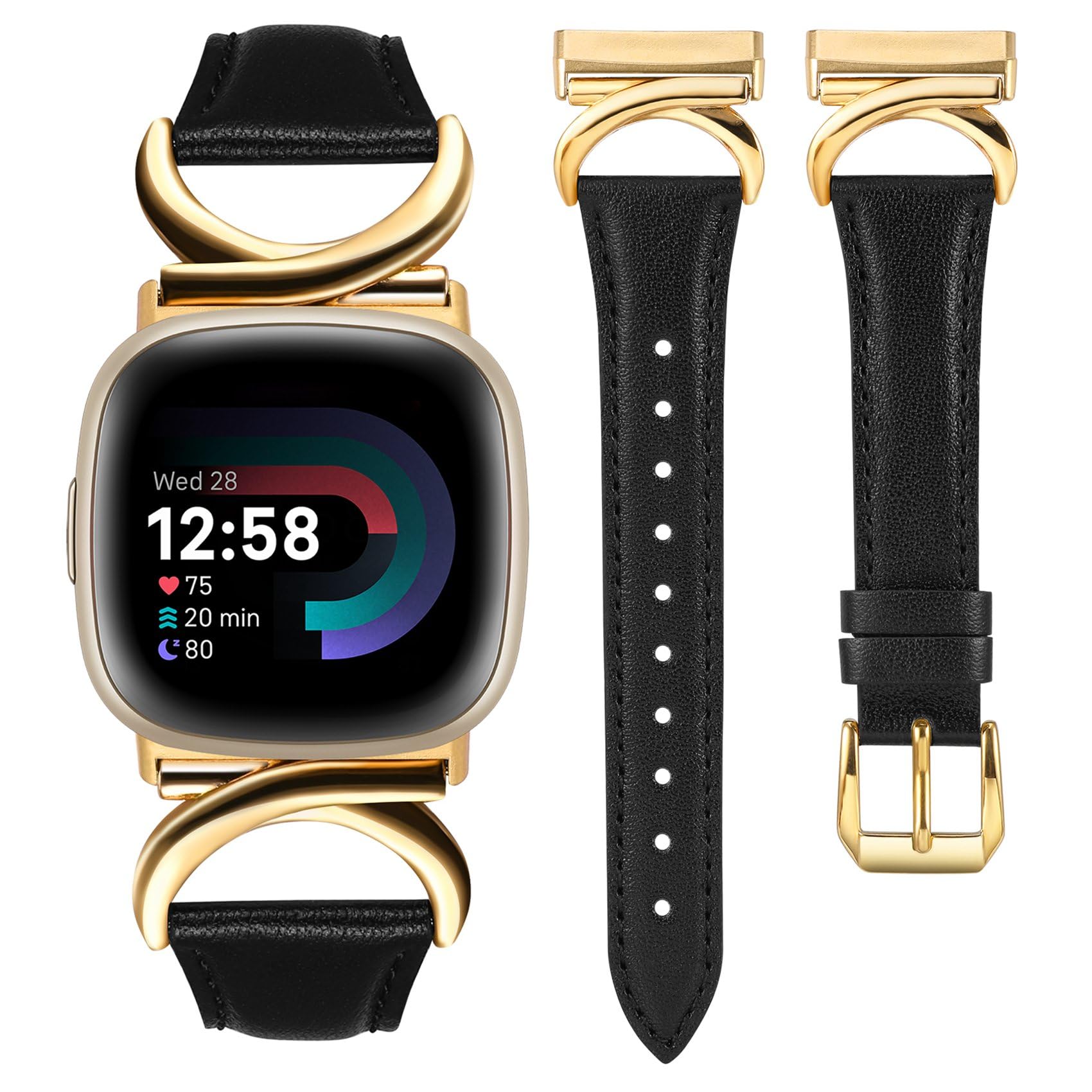 TOYOUTHS Leather Strap Compatible with Fitbit Versa 4/Versa 3/Sense 2 Women Slim Thin Dressy Elegant Premium Leather Strap with C-Shaped Metal Buckle for Versa 4
