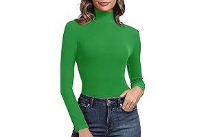 Women's Ribbed Green Turtleneck Fitted Long Sleeve Shirts Basic Thermal Layering Tops