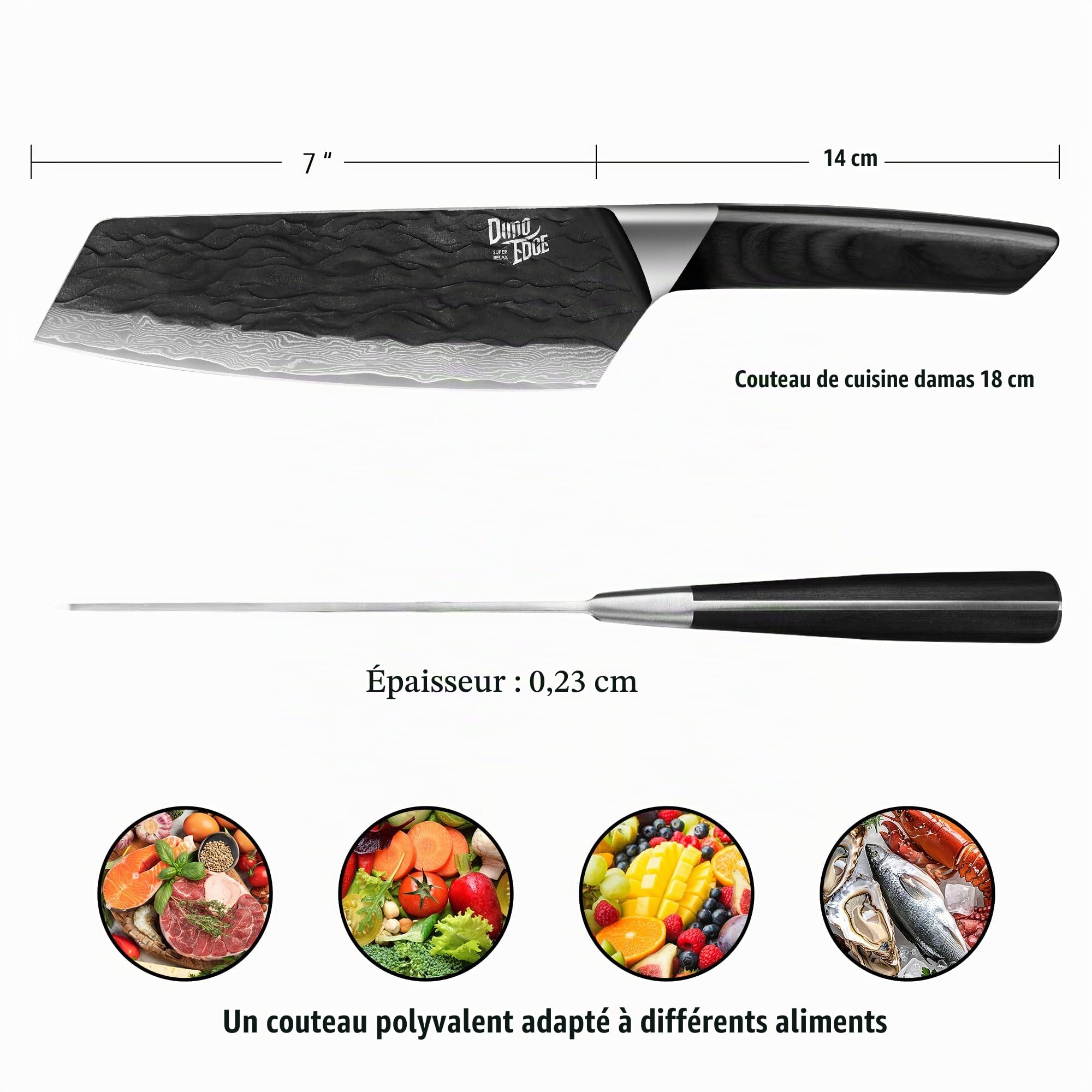 Couteau de chef Damas, 17,8 cm Couteau japonais aiguisé avec lame martelée et manche en pakkawood, couteau bunka professionnel avec coffret cadeau, noir