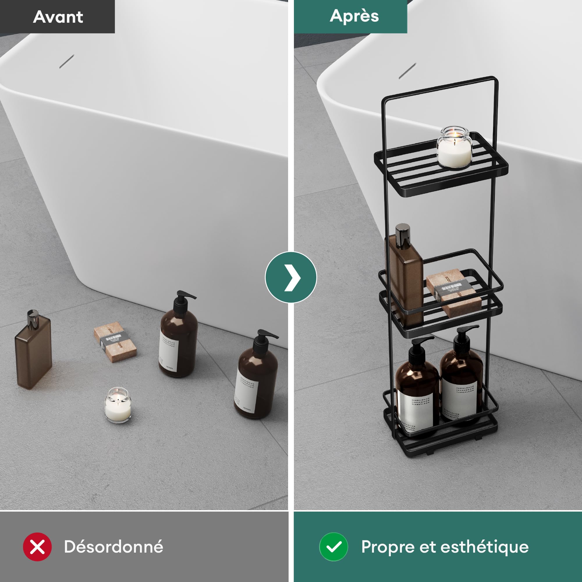 Mai & Mai 3 Niveaux Support de Douche sur Pied Étagère Douche sur Pied Salle de Bain Noir Reglo-02