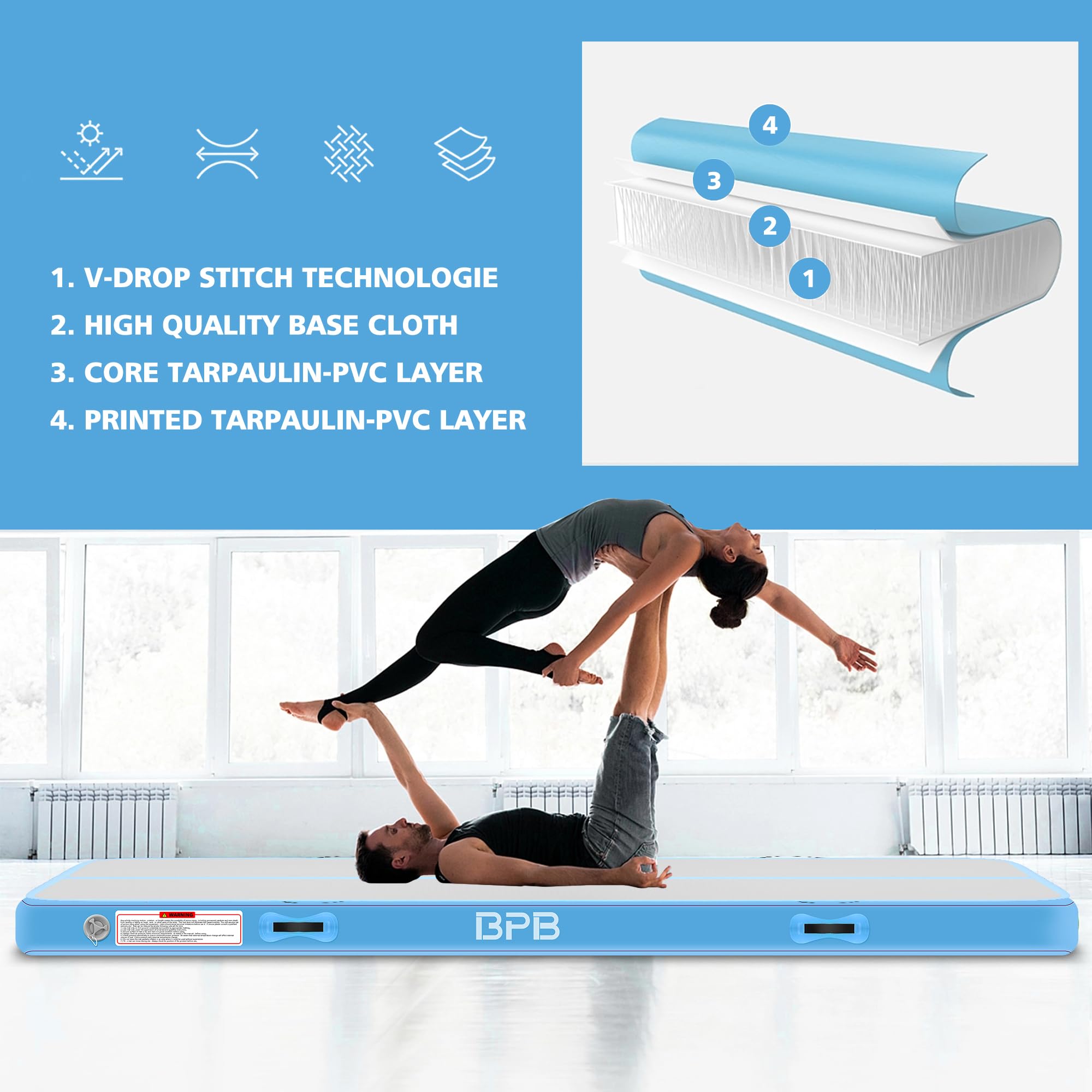 BPB Inflatable Gymnastics Mat. 10ft Air Tumble Track for Home Use/Training/Gymnastics/Cheerleading/Yoga/Pilates/Martial Arts/Gym/Beach/Cheerleading/Water Fun