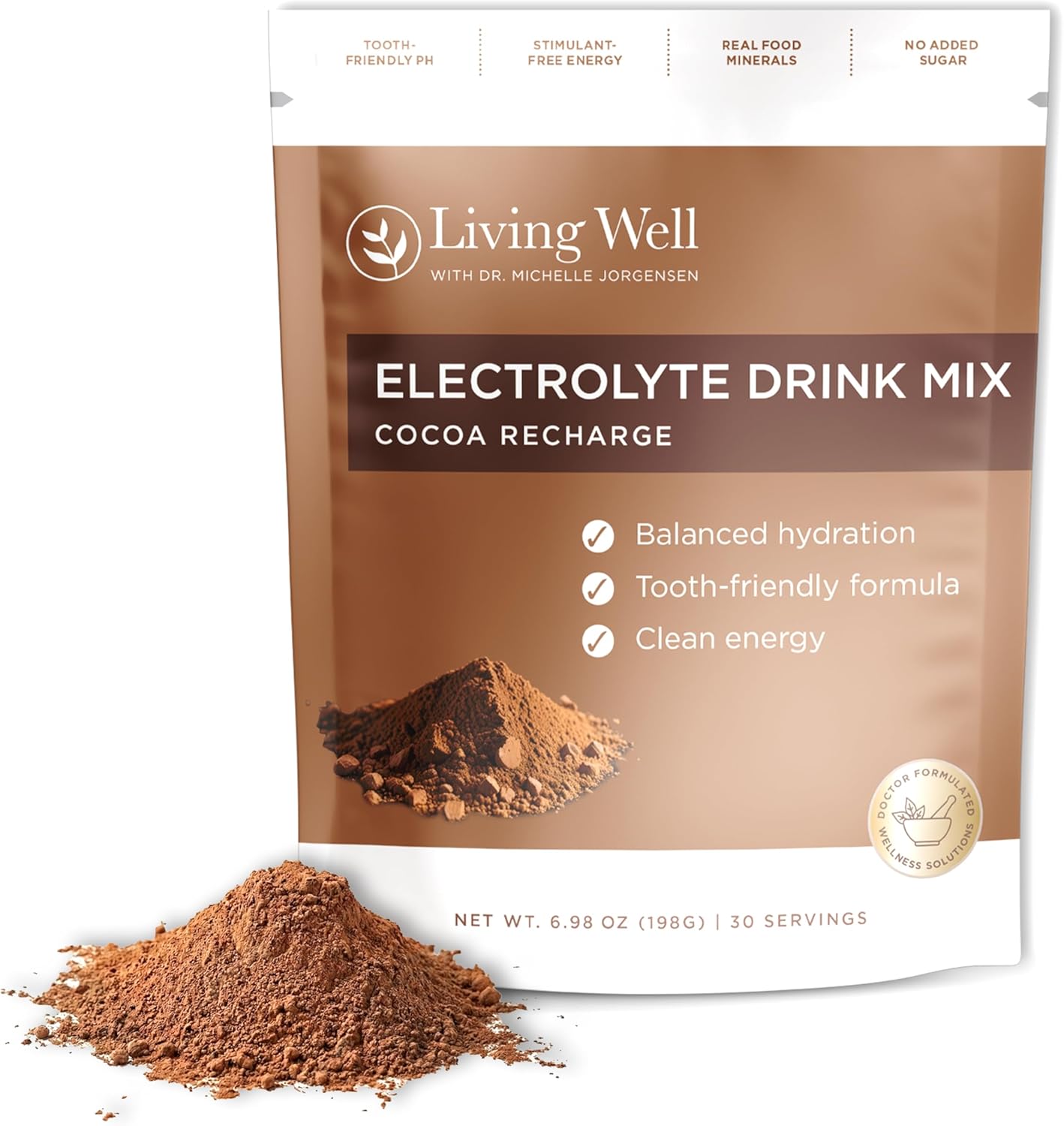 Living Well with Dr. Michelle Chocolate Electrolyte Powder – Caffeine-Free Electrolyte Drink Mix for Clean Hydration & Energy, Sugar-Free Cocoa Flavor