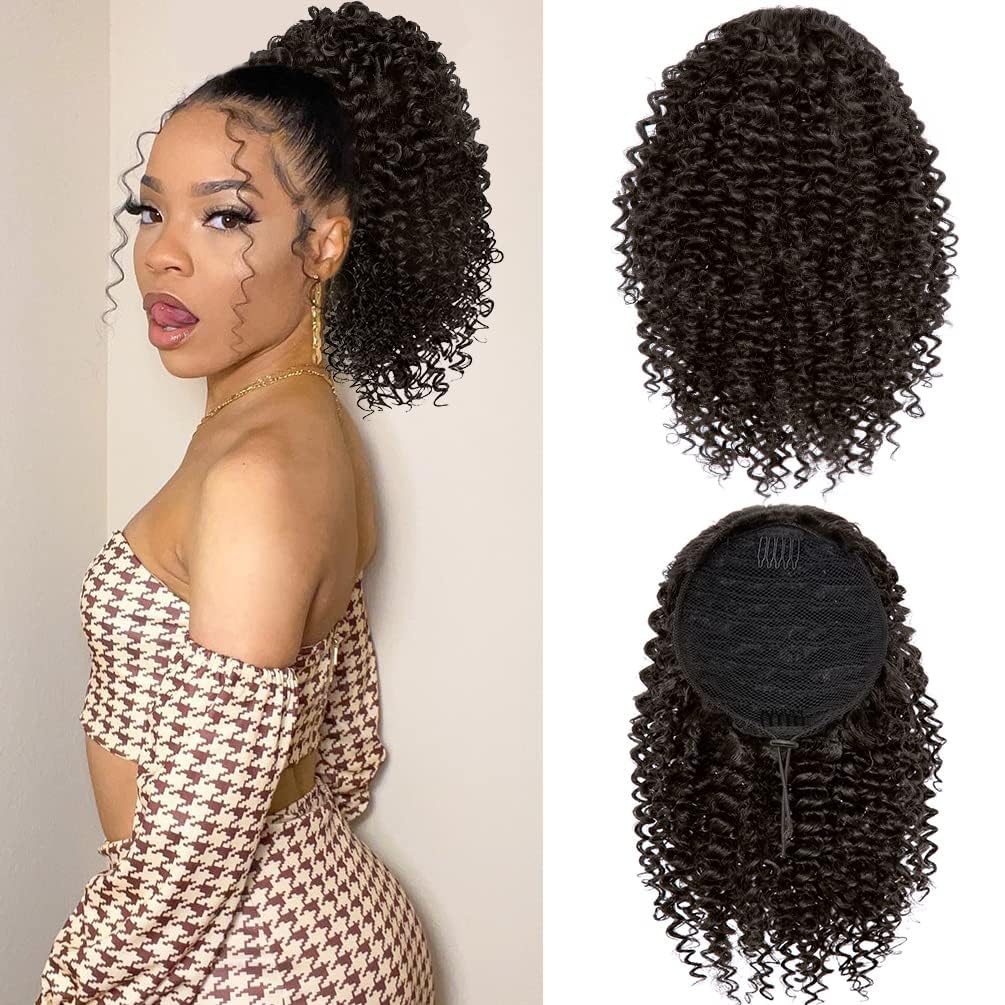 rosmile Short Kinky Curly Ponytail Extension for Black Women, 10 Inch Medium Brown Drawstring Curly Ponytail with Two Clips, Synthetic Afro Drawstring