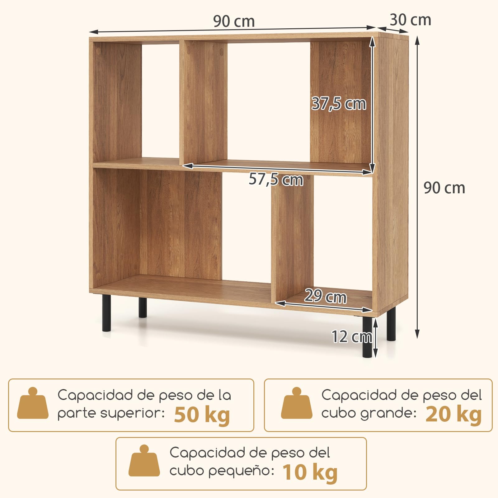 COSTWAY Libreria Estanteria, Estanteria Libros de Madera de 4 Cubos, Estantería de Piso de 2 Niveles con Patas Metálicas, Estante Horizontal de Almacenaje，90 x 30 x 90 cm (Natural)