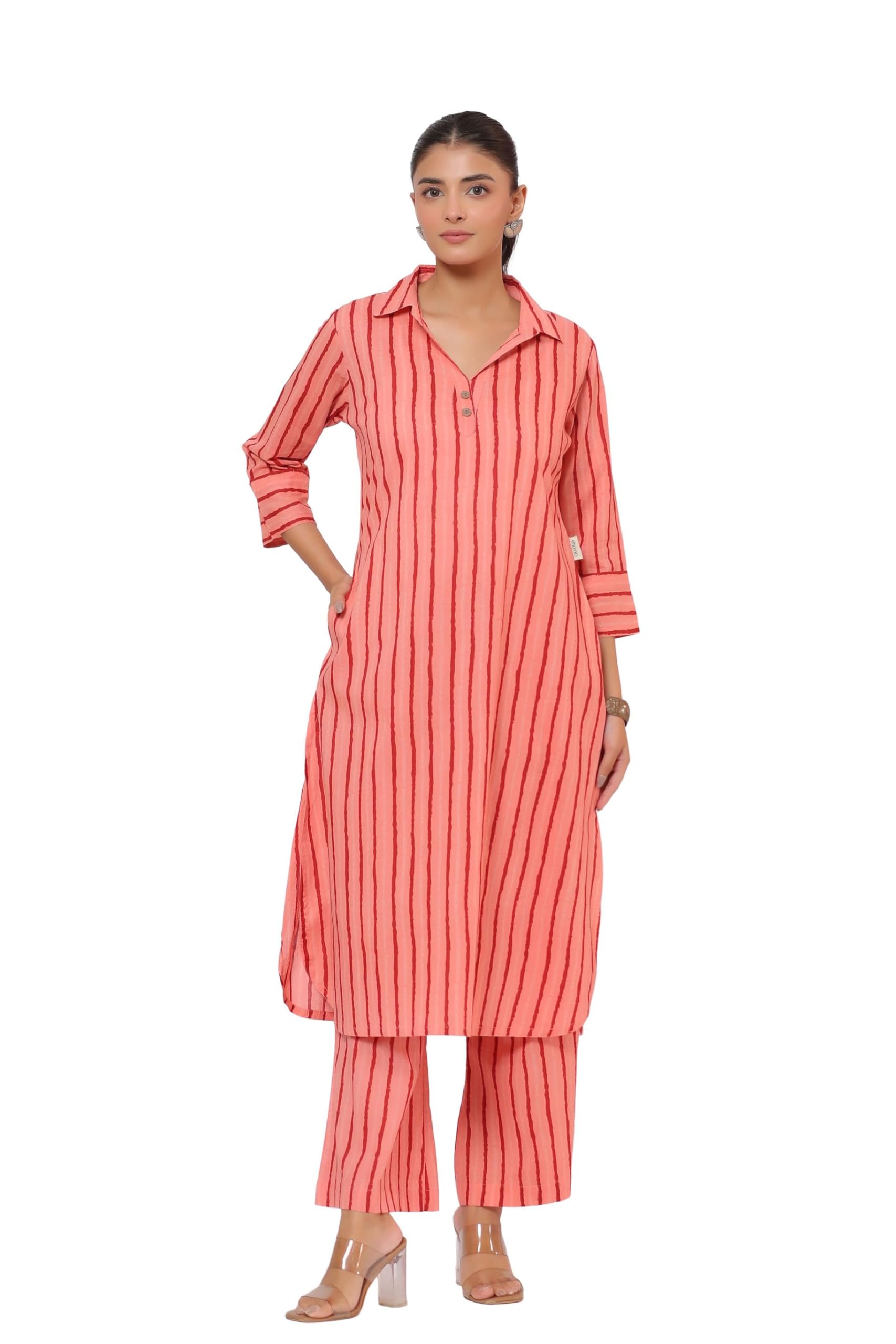 Blushing Peach Striped Cotton Co-ord Set for Women-image-4