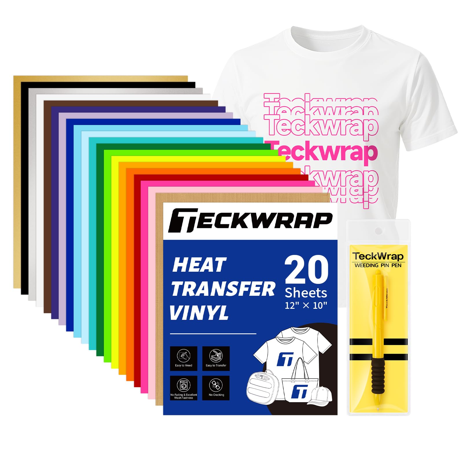 TECKWRAP Paquete de vinilo de transferencia de calor, 20 hojas de poliuretano HTV de 10 x 12 pulgadas en 19 colores surtidos con hoja de teflón y bolígrafo de pin de deshierbe, vinilo fácil de cortar