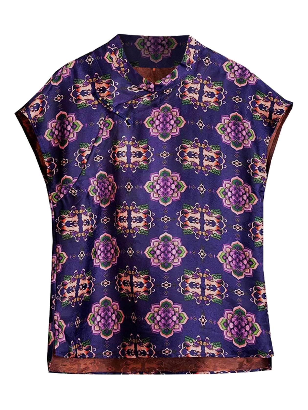 HangErFeng Damska jedwabna żakardowa fioletowa Baoxianghua Mandarin Duck Print asymetryczna bluzka z wysokim stanem 649