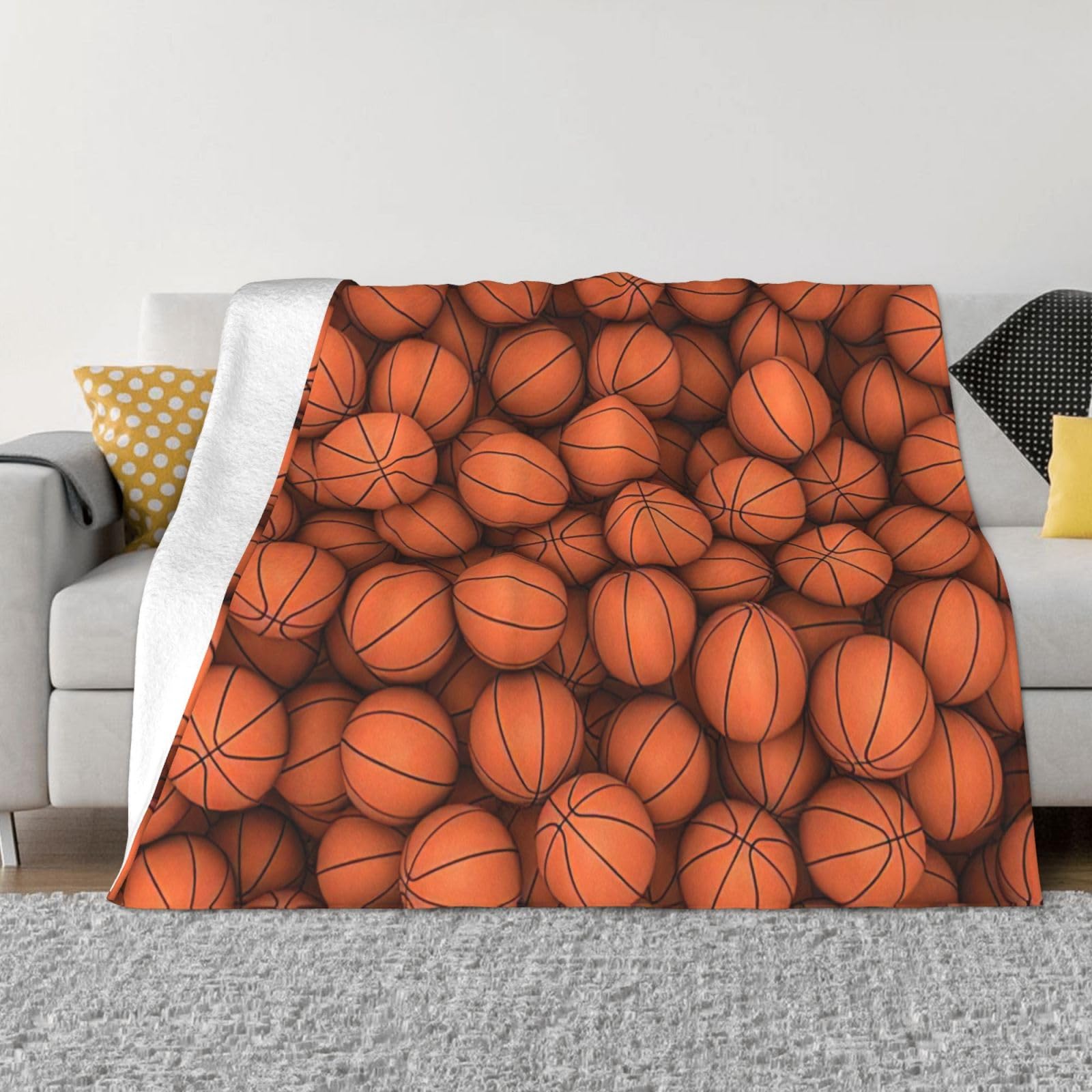 Couverture flanelle orange imprimé basketball pour lit et voyage toutes saisons