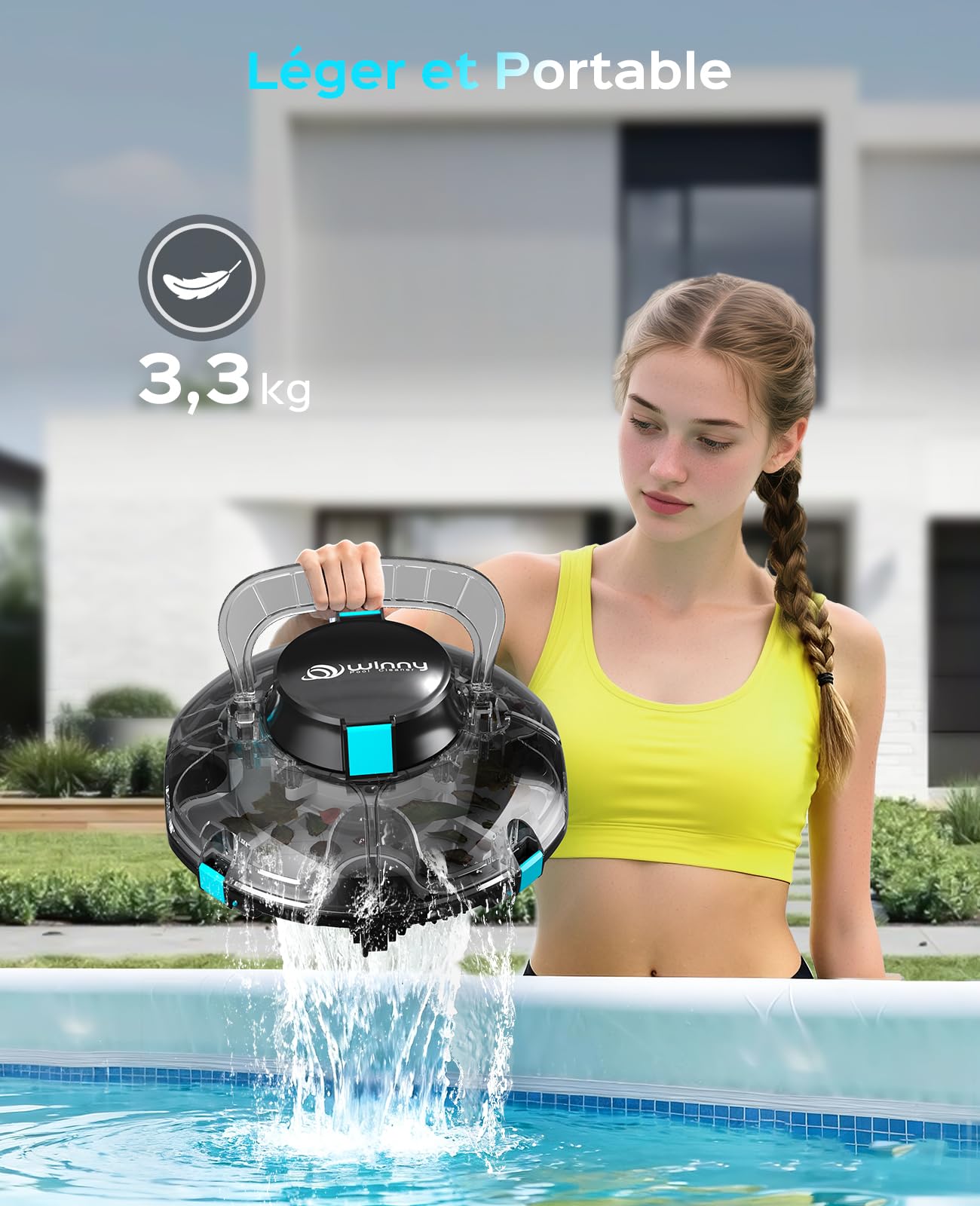 WINNY POOL CLEANER Winny 200 Robot Piscine, Aspirateur Piscine sans Fil avec Batterie, Autonomie 75 Min pour Piscines Hors-Sol 60m², Double Filtration,Stationnement Automatique(Noir-Bleu Marine)