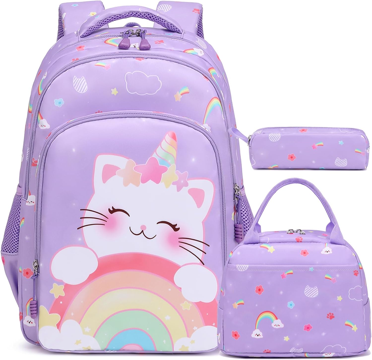 Kimwadalh Girls Backpack with Lunch Box Pencil Case for Elementary School, 3 in 1 Schoolbag with Chest Strap for School Girls