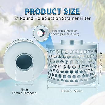 2” Pump Suction Hose Strainer, Round Hole Steel Basket Water Suction Filter, Carbon Steel Plated, with NPT Female Thread (2 inch)
