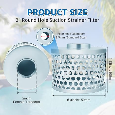 2” Pump Suction Hose Strainer, Round Hole Steel Basket Water Suction Filter, Carbon Steel Plated, with NPT Female Thread (2 inch)