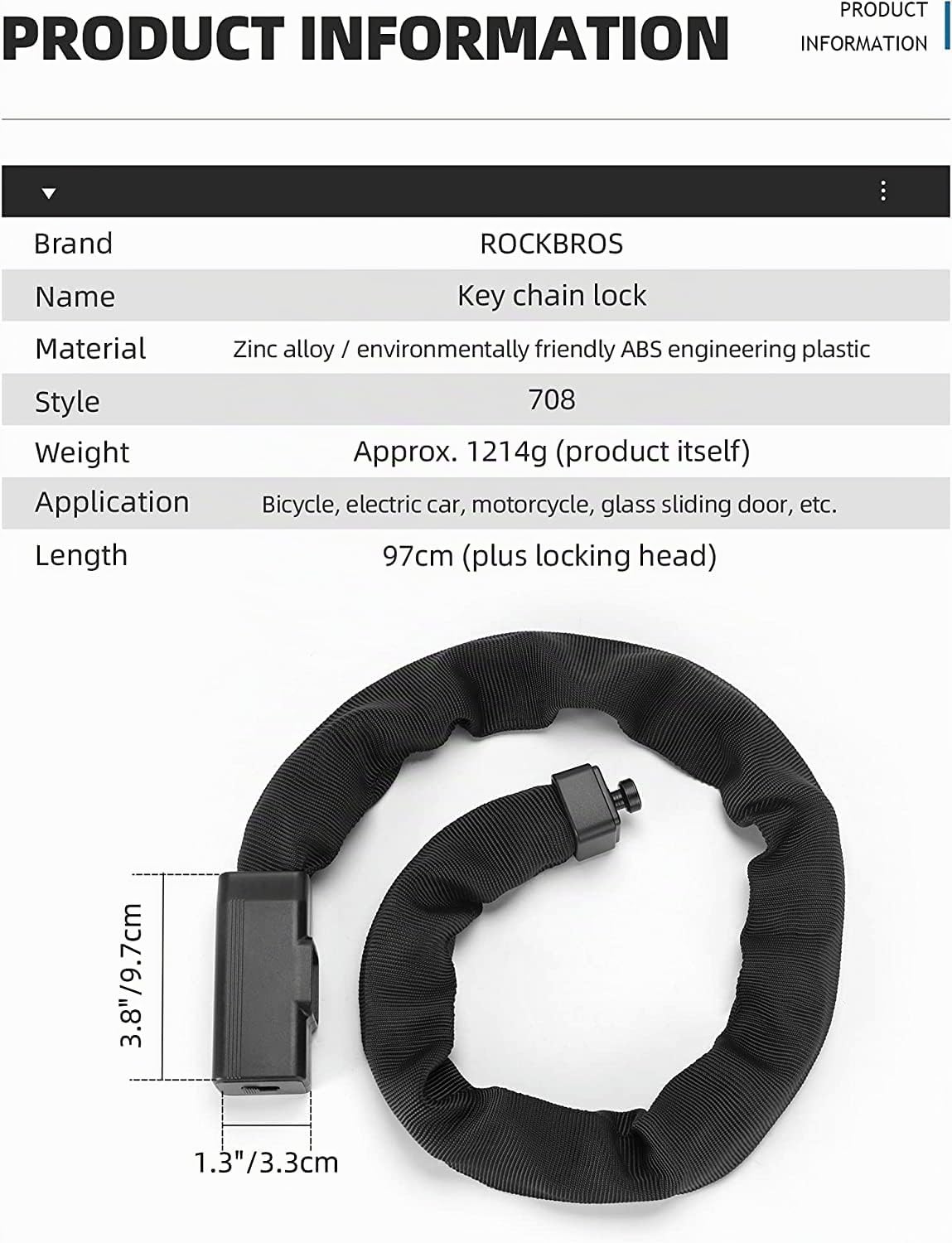 ROCKBROS Catena Bici Antifurto, Lucchetto a Catena in Acciaio, per Bicicletta MTB Moto Scooter E-bike, con Chiavi, Antitaglio Sicuro, 97cm x 8mm