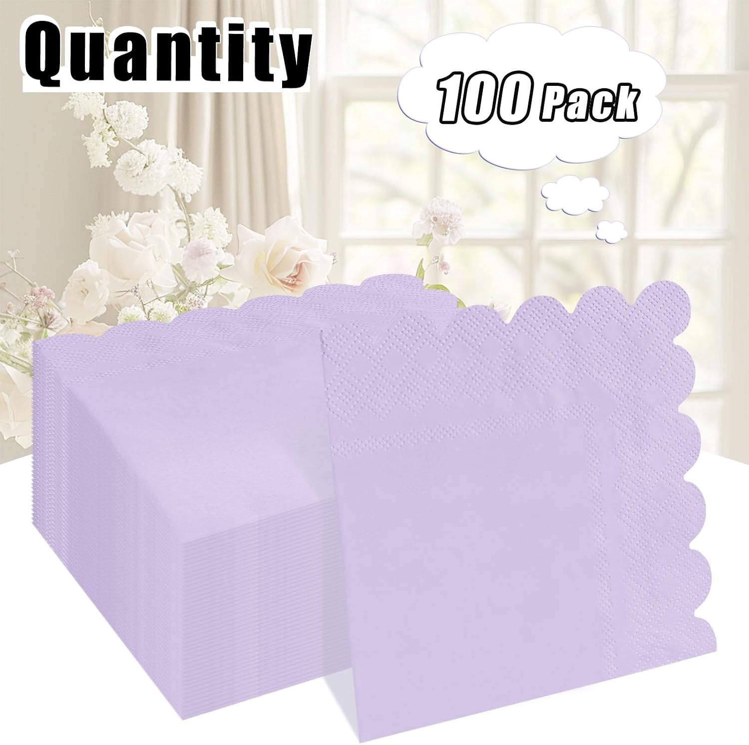 100 Pieces 2-Ply Light Purple Scalloped Napkins Folded 5 x 5 inch Disposable Cocktail Napkins Paper Napkins for Dinner Wedding Birthday Party Lavender Beverage Napkins image 2