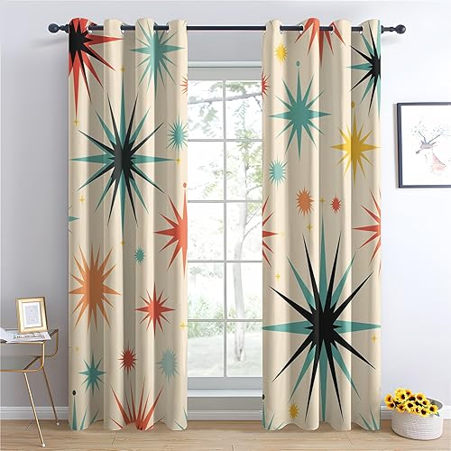 Miniatura 3 de Cortinas atómicas para decoración de dormitorio, 72 pulgadas de largo, cortinas opacas con diseño de patrón abstracto retro de estrellas, cortinas
