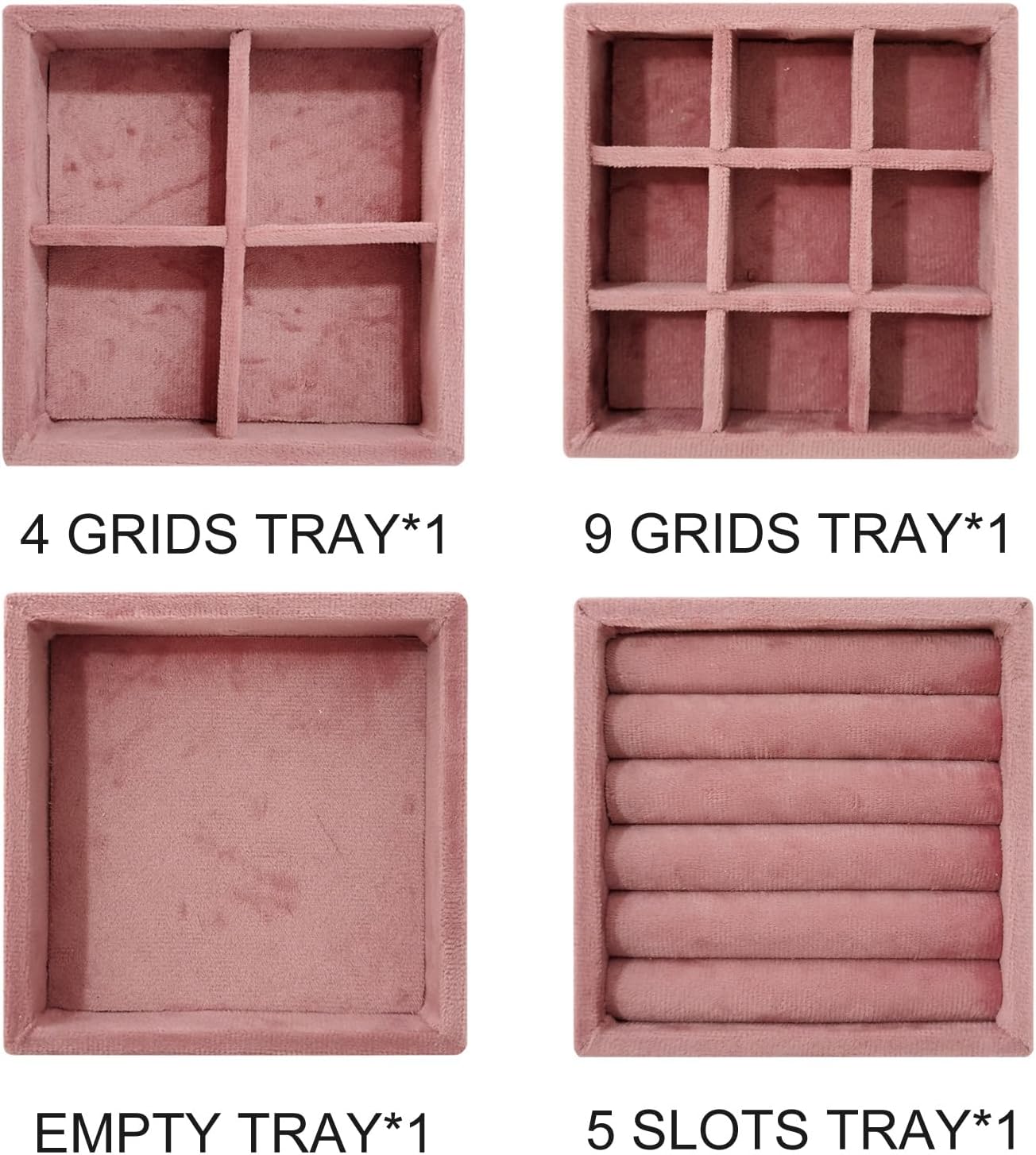 Velvet Small Jewelry Tray Organizer - 4PCS Stackable Display Trays for Rings, Earrings Storage Box Insert Holder (4, Pink)