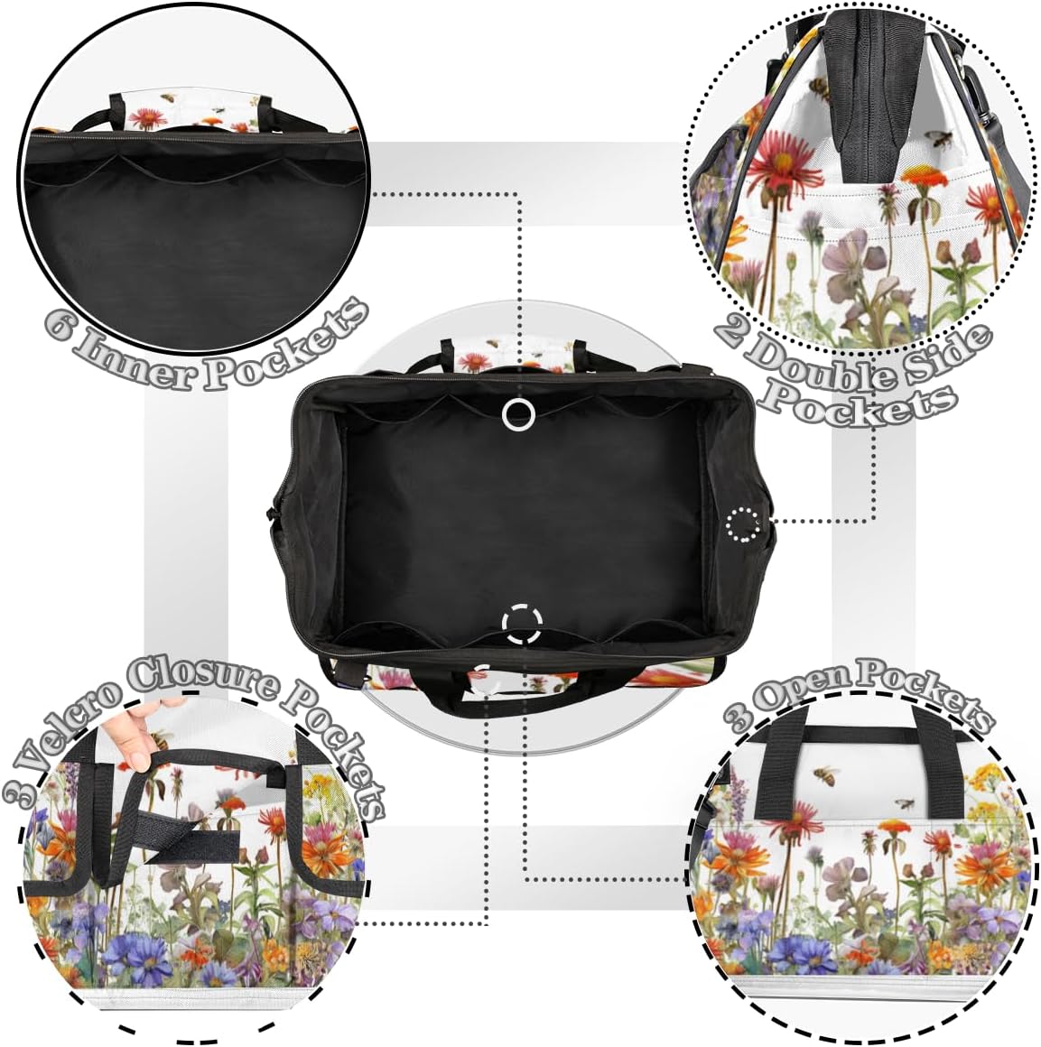 Wildflowers Floral Tool Bag for Men Women Multi-Pockets Wide Mouth Tool Storage Bags 14.8 Inch Waterproof Heavy Duty Tool Bag Organizer for Electrician Mechanic Plumbers Handymen