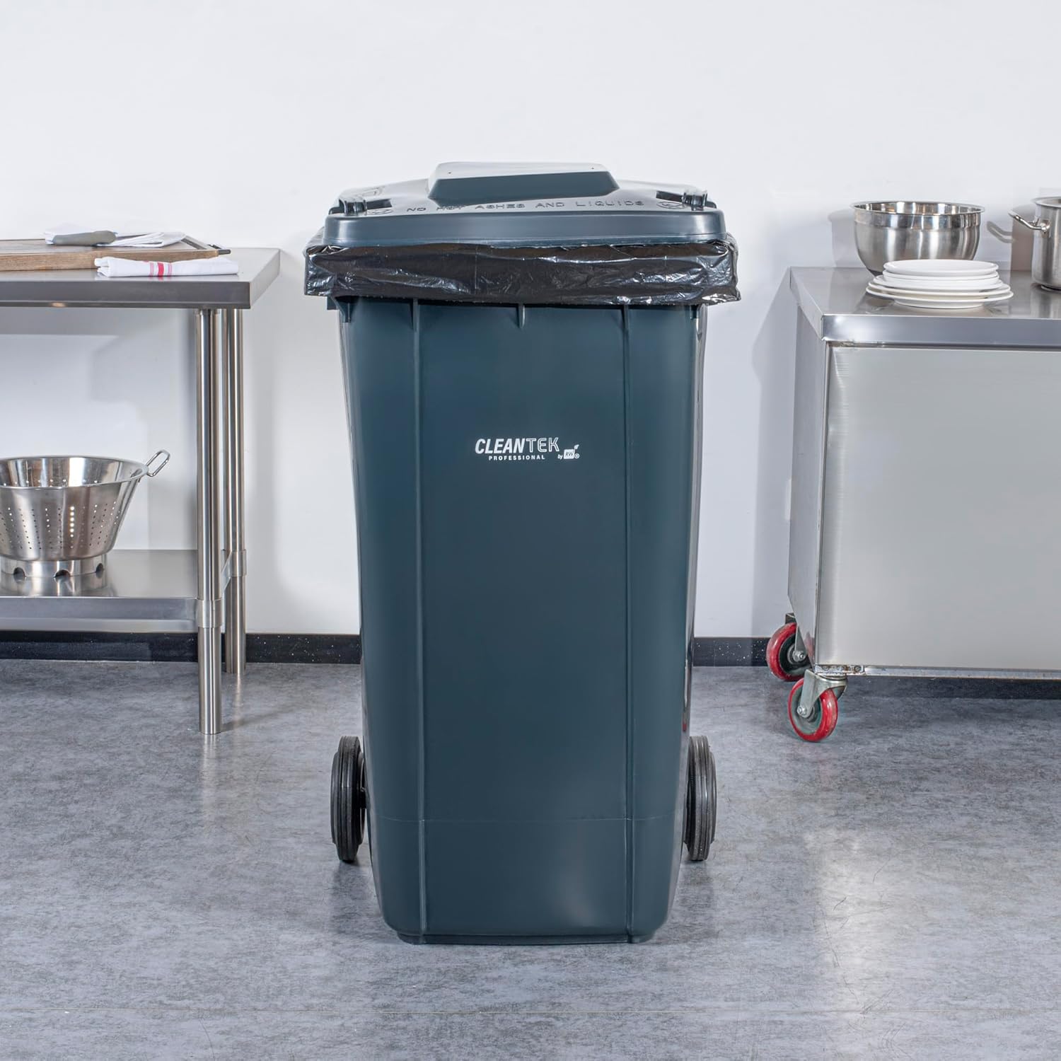 Restaurantware-Clean Tek Professional 64 Gallon Trash Can With Wheels, 1 Garbage Can With Lid - Step-On Attachment Sold Separately, Rectangle, Gray Plastic Dustbin, Long-Lasting, For Outdoor
