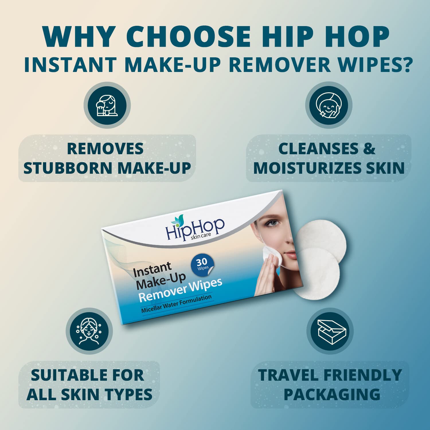 HipHop Instant MakeUp Remover Wipes (Pack of 2), Micellar Water with Witch Hazel & Aloe Vera Extracts for Cleansing & Moisturising Skin, 30 Wipes Each - Image 2 thumbnail