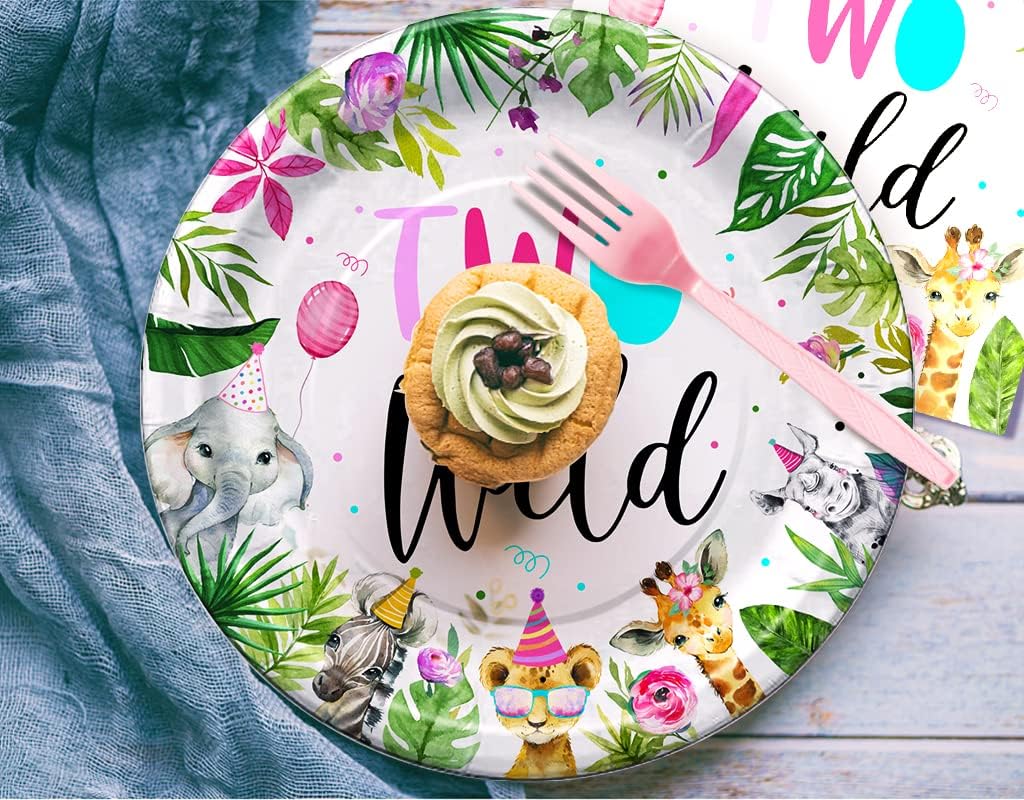 Two Wild Birthday Party Supplies Tableware Girl, Safari Jungle Theme 2nd Decorations Include Plate, Cup, Napkin, Tablecloth, Straws, Cutlery, Two Wild Dinnerware | Serve 24