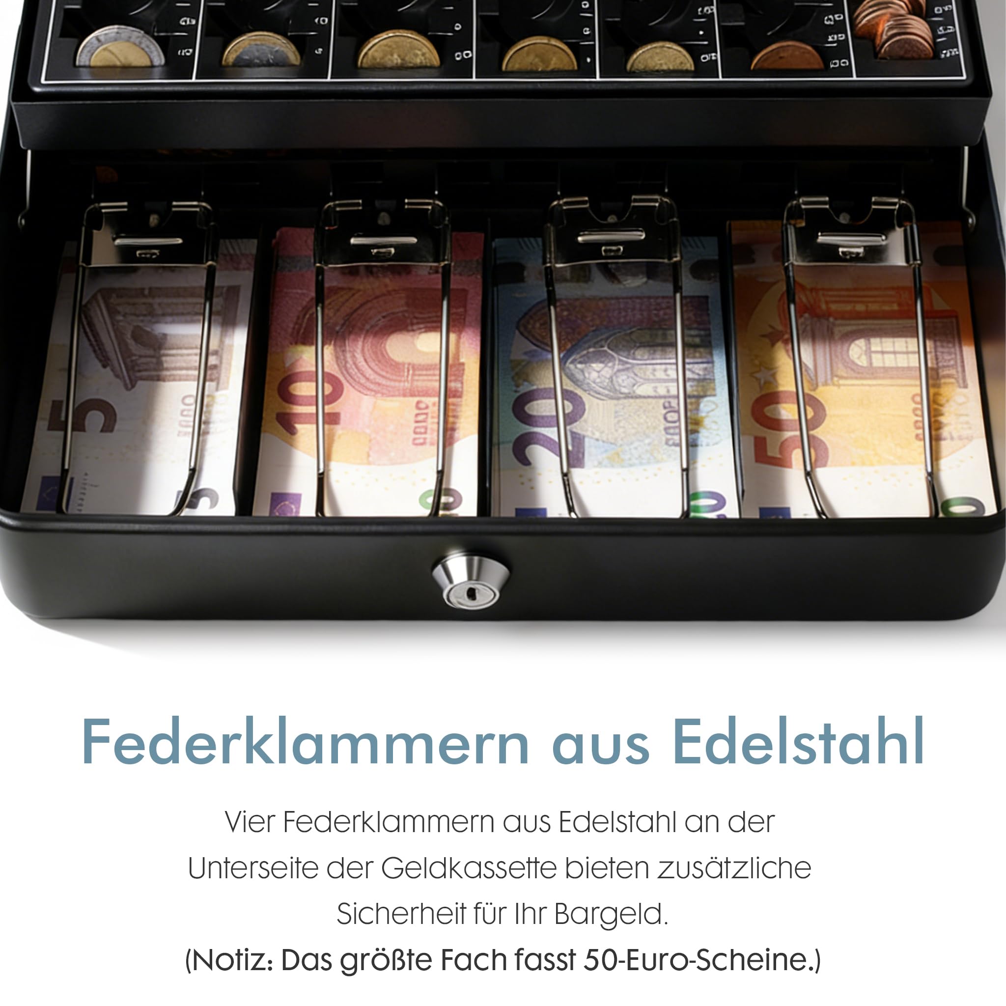GREELUE Geldkassette Abschließbar Groß mit Münzzählbrett & Scheinfächern,30x24x9cm aus Stahl, Ideal als Spardose, Tresor, Haushaltskasse Schwarz