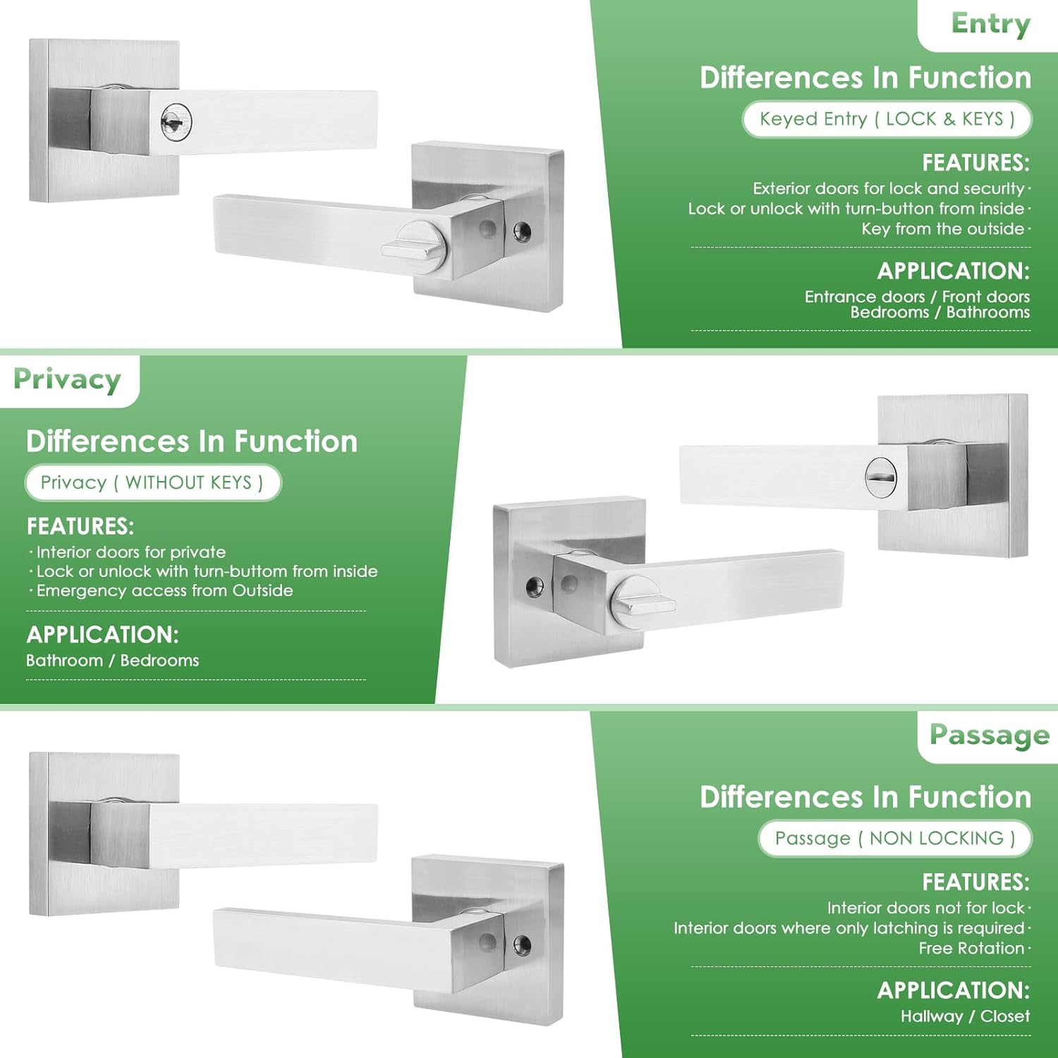 3 Packs Passage Door Handle Lock Without Key,Square Interior Door Lever for Hallway Closet, Keyless Reversible Doorknob for Right & Left Side,Heavy Duty Non-Locking Lever Set,Brushed Nickel