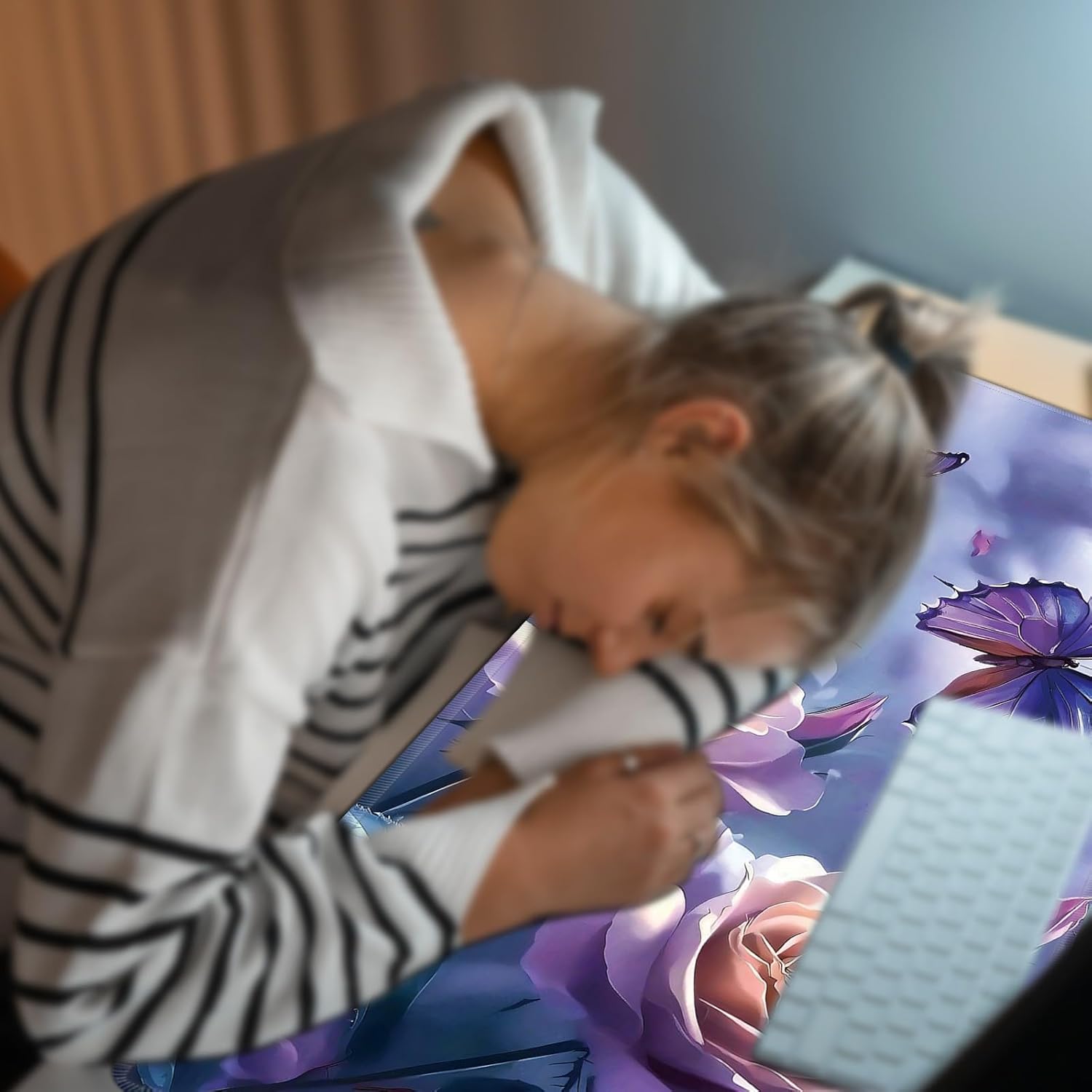Heated Desk Pad Large Mouse Pad 23.6 x 14.1 inch with 3 Levels Heating & Auto Shut-Off Warm Mouse pad PU Leather Computer Mousepad for Home Office Work - Purple Rose Flower and Butterflies