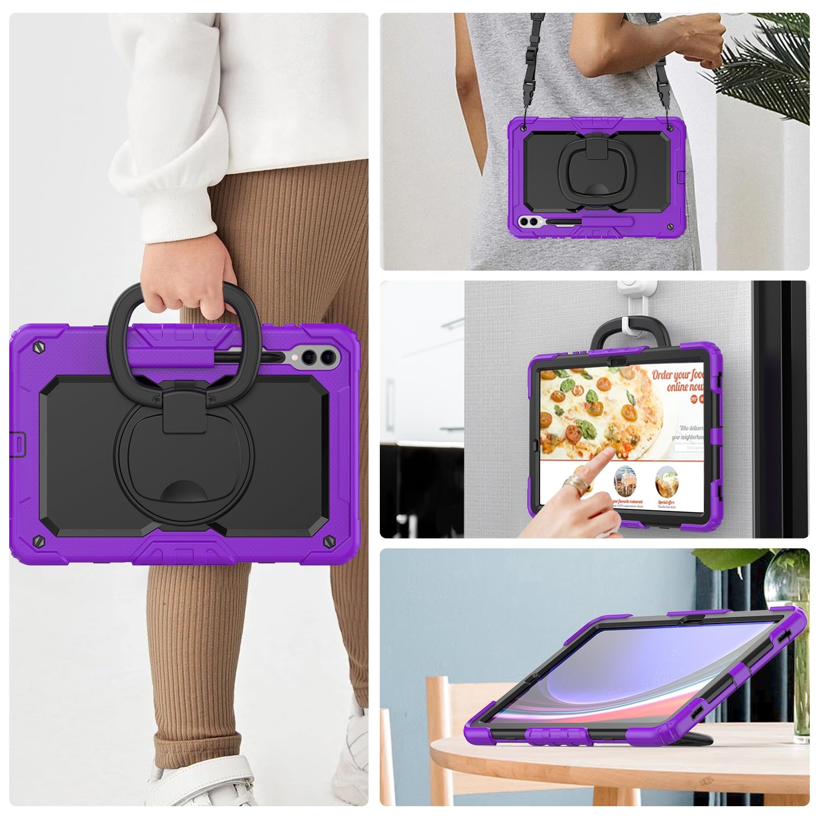 Custodia in TPU Resistente e Antiurto For Samsung Galaxy Tab S10 Plus 12.4" 2024 SM-X820/X826B/X828U For Bambini, Maniglia Girevole a 360 Gradi Staffa di Supporto W Protezione Schermo+Tracolla(Mor)