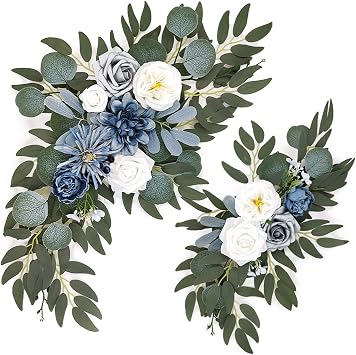 belupai Set of 2 Wedding Arch Flowers, Artificial Rose Peony Flower Floral Swags Rustic Fake Eucalyptus Leaves Decorative Swags for Wedding Ceremony Sign Reception Backdrop Table DecorBlue