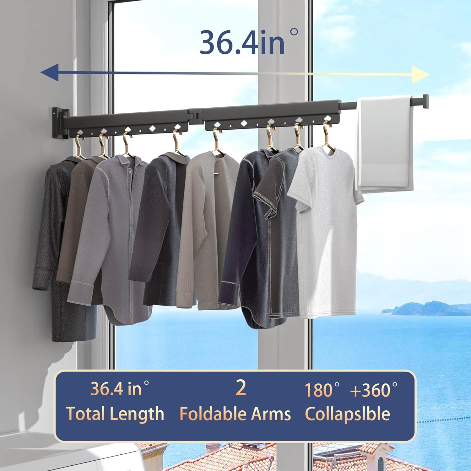 Clothes Drying Rack, Retractable and Foldable Laundry Drying Rack Wall Mount for Indoor, Space Saver Clothes Hanging Rack for Laundry Room, Balcony, Closet, Bedroom(Double-Fold), Black