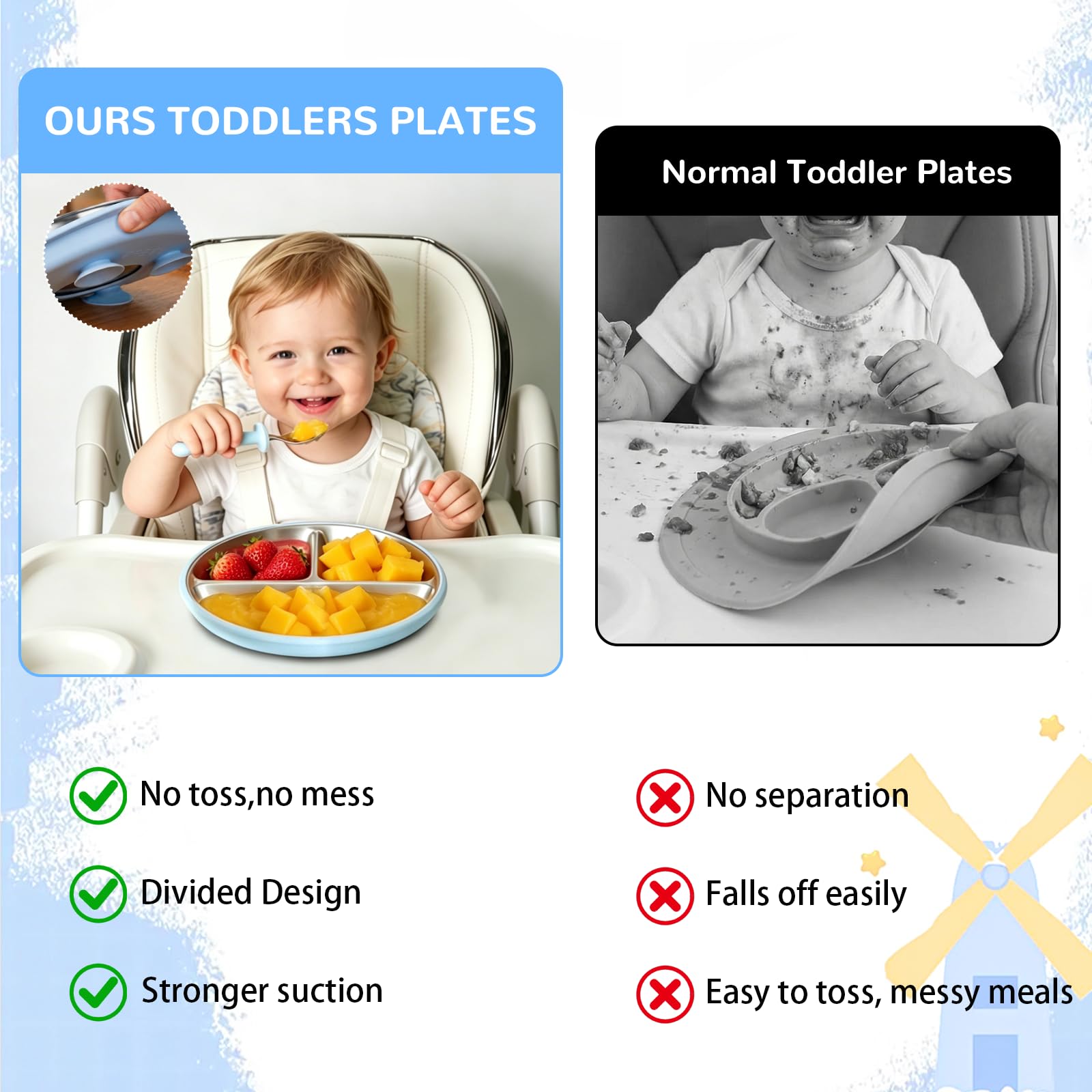 Sweetone Lot de 2 assiettes pour enfants avec ventouse, sans BPA, en acier inoxydable, antidérapantes, divisées avec 2 fourchettes et 2 cuillères, passent au lave-vaisselle, idéales pour manger