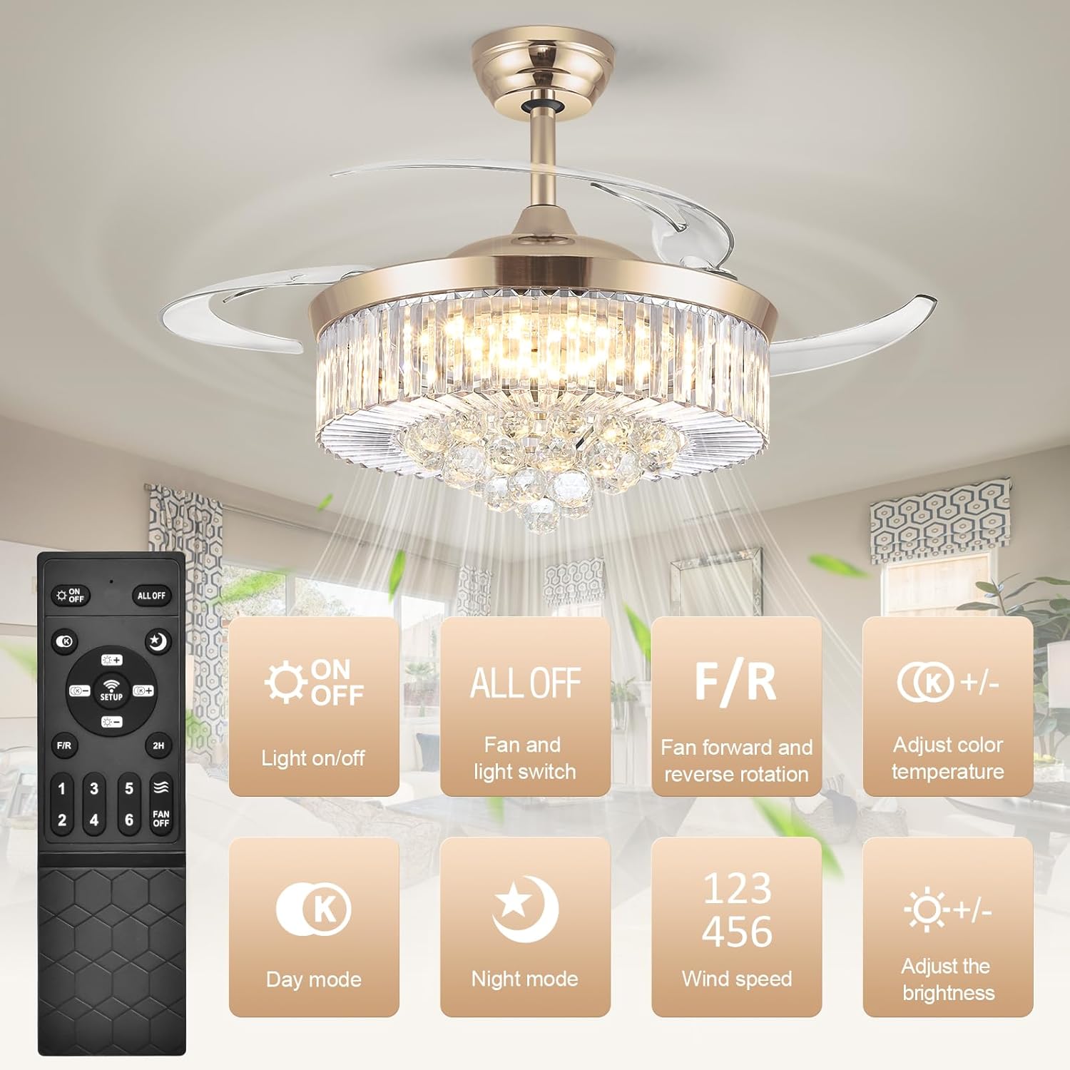 48'' Modern Chandelier Ceiling Fan with Timer, Silent Motor Fandelier Crystal Ceiling Fan with Light and Remote Control, Retractable Blade Fandeliers for Bedroom, 6 Speeds, 3 Colors, Gold