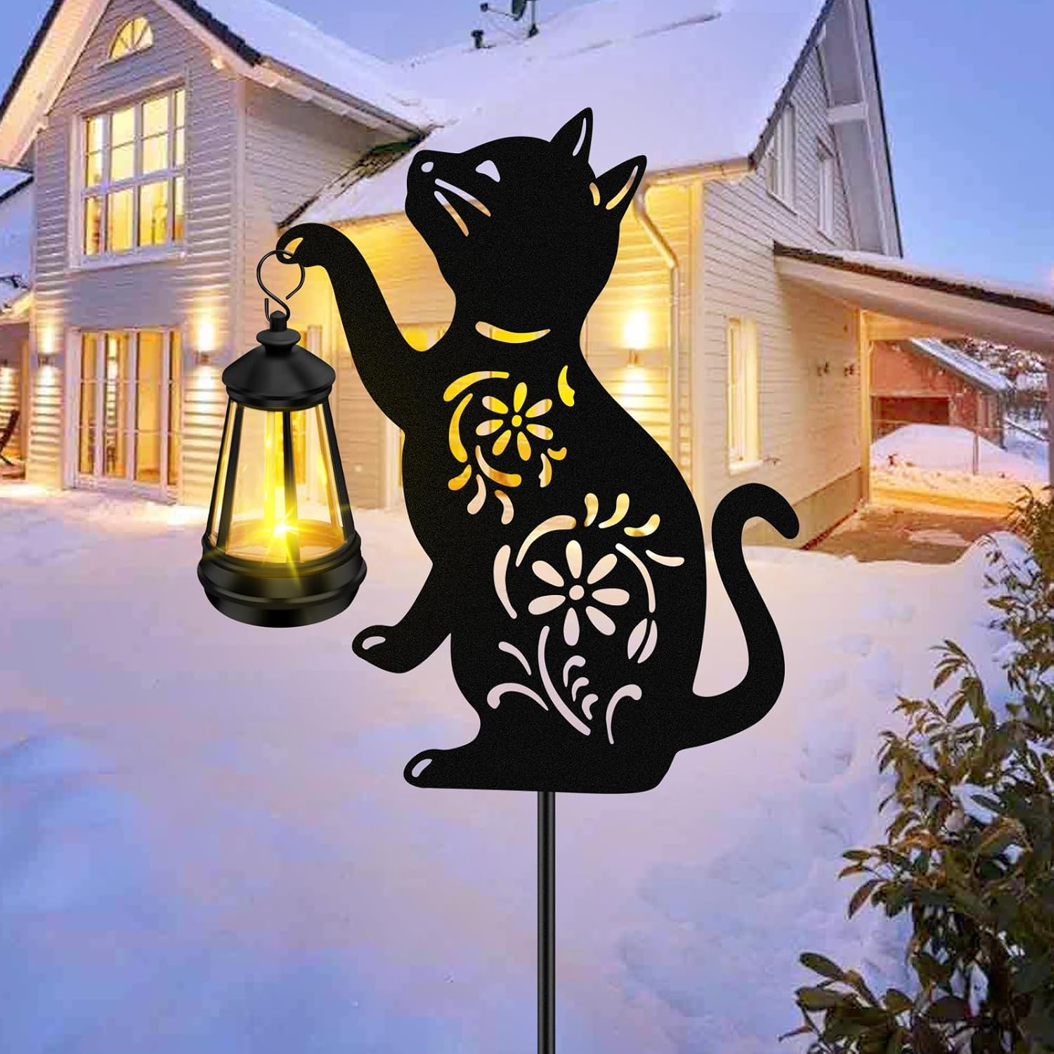ZFNN Solar Garden Statues Cat Decor - Outdoor Metal Lantern Silhouette Stake, Waterproof Solar Lights for Yard Patio Lawn Pathway Art Decoration, Unique Gardening Gifts for Women Mom Cat Lovers