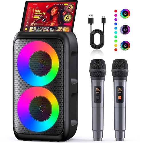 Karaoke Machine, Portable Bluetooth Speaker, PA Speaker with 2 Wireless Karaoke Microphones, Karaoke Machine for Adults Kids with Upgraded Subwoofer, Support TWS/TF/USB/AUX for Home Party Outdoor - Black