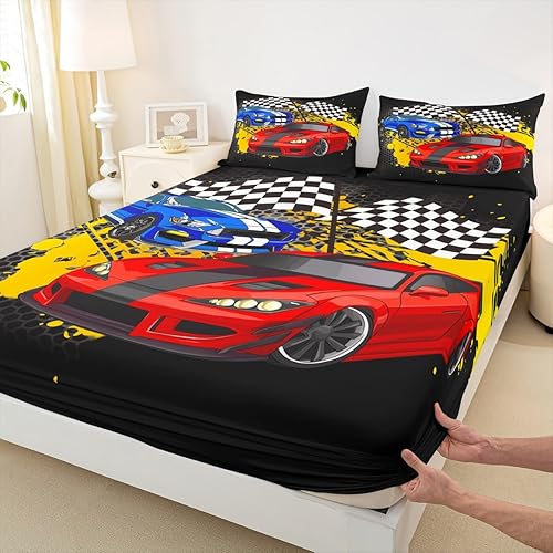 Miniatura 3 de Cool - Sábana bajera ajustable para auto de carreras de velocidad con estampado de cuadrícula en blanco y negro, ropa de cama de tela decorativa