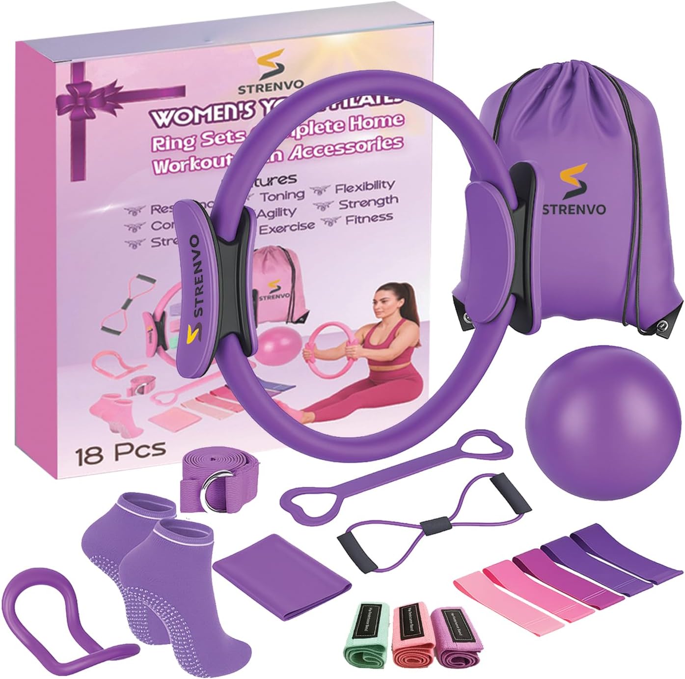 Yoga Pilates Ring Set for Home Workouts – 18 Pcs Fitness Kit for Women – Resistance & Toning Accessories with Circle Ring, Ideal for Full Body Toning & Flexibility