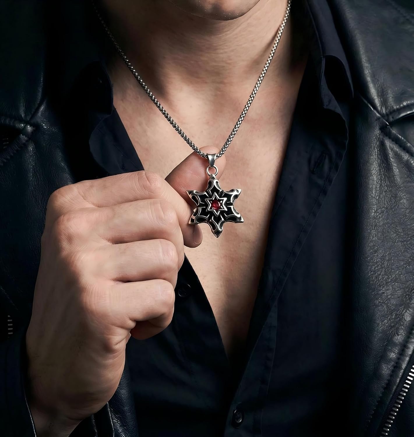 316L Stainless Steel Mens Pendant Necklace, Vintage Totem Emblem Pendant, Gothic Punk Biker Jewelry with Decorative Stone