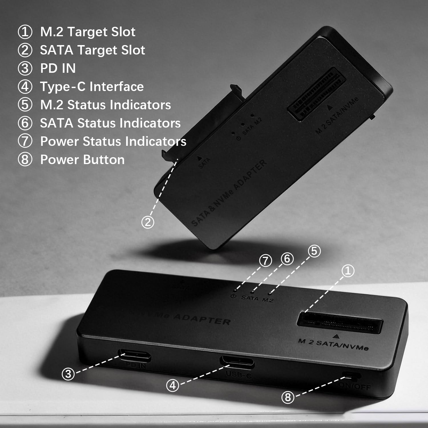 Boîtier M.2 NVMe et Adaptateur Disque, USB 3.2 Type-C /A 10Gbps boîtier Externe M.2 & Dock Disque SATA pour NVMe SSD Ainsi Que HDD/SSD 2,5/3,5 Pouces