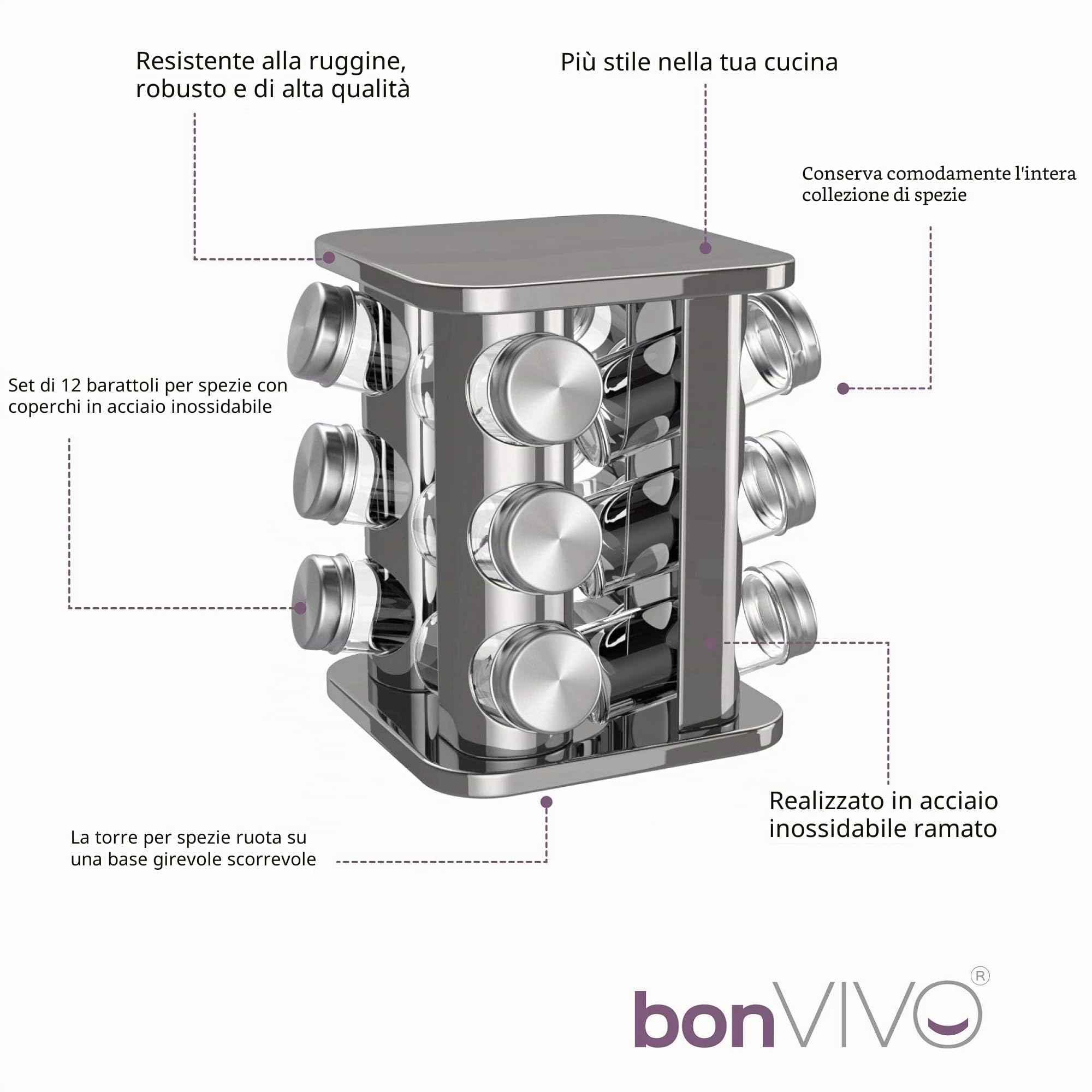 bonVIVO Porta Spezie Girevole da Cucina – Portaspezie Salvaspazio in Vetro e Acciaio Inox con 12 Barattoli per Spezie Ermetici – Portaspezie Girevole 360° – Design Argento