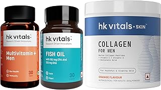 hk vitals Marine Collagen Supplement for Men (Orange, 200g) with Fish Oil (30 Capsules) & Multivitamin Plus Men (30 Tablet Price In India