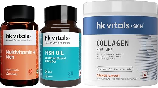 hk vitals Marine Collagen Supplement for Men (Orange, 200g) with Fish Oil (30 Capsules) & Multivitamin Plus Men (30 Tablet...