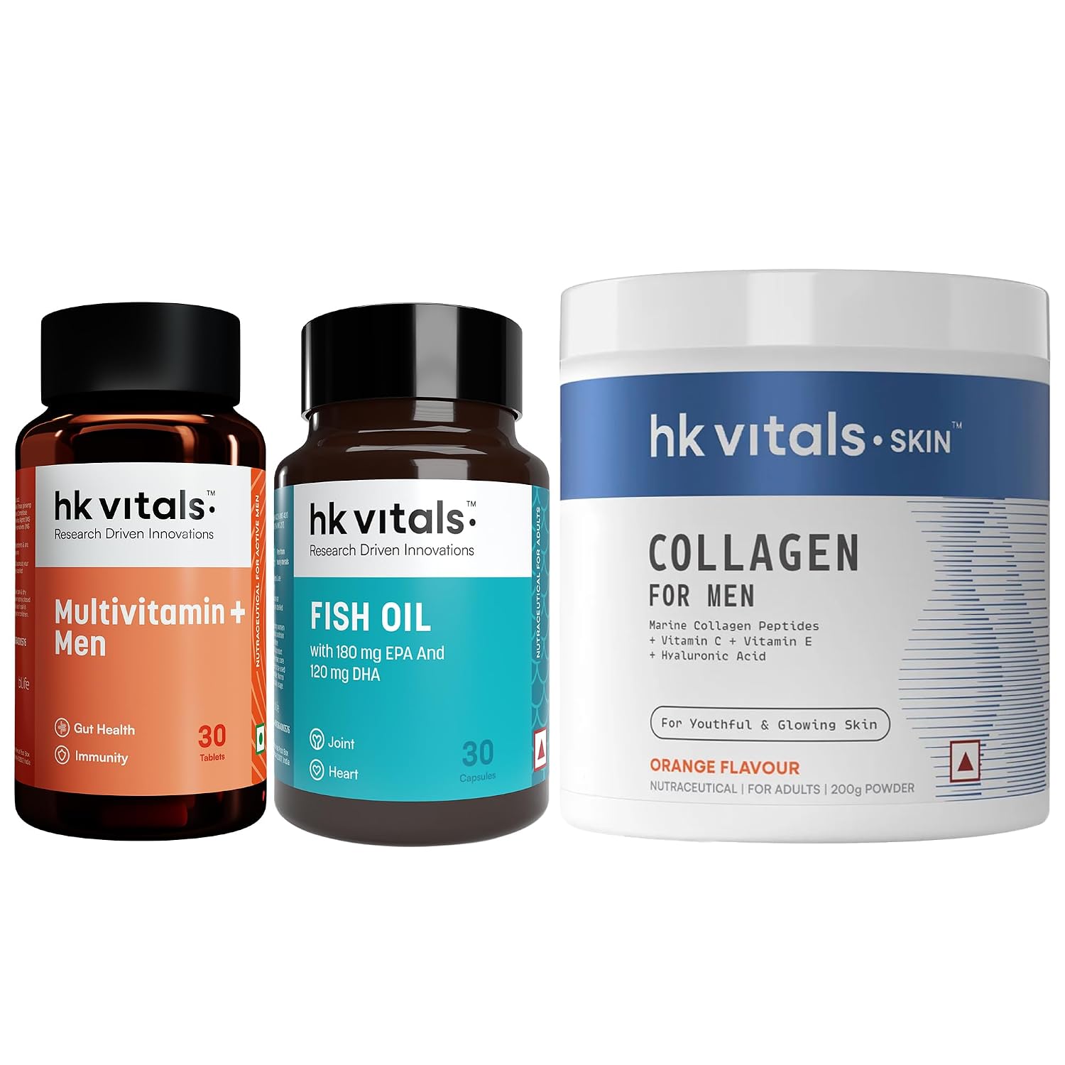 hk vitals Marine Collagen Supplement for Men (Orange, 200g) with Fish Oil (30 Capsules) & Multivitamin Plus Men (30 Tablet...
