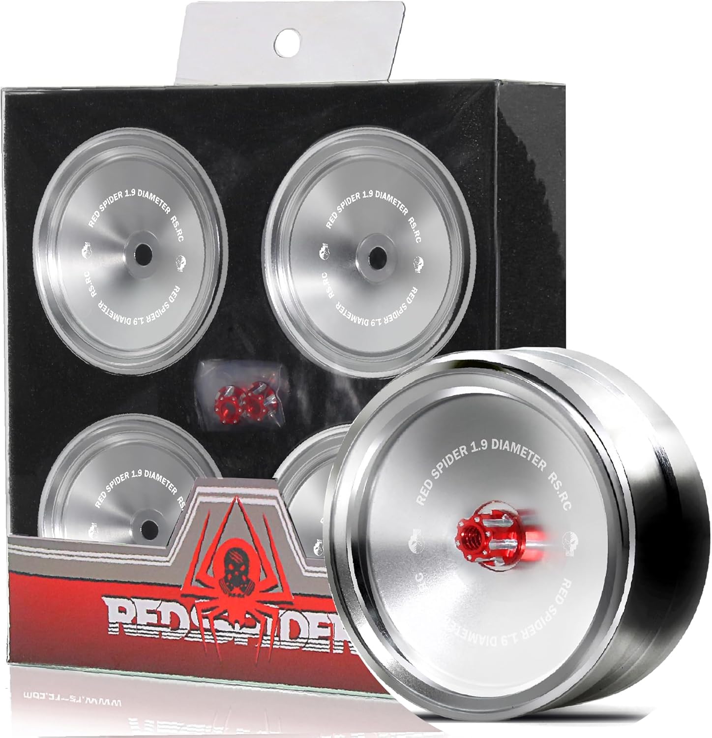 REDSPIDER 1.9 Beadlock wheels aluminium，1.9 wheels（4pcs）for Axial SCX10 UTB10 TRX4 TRX6 Redcat Gen7 Gen8 VS4-10 Wheel hub Upgrade. (Silver with printed text)