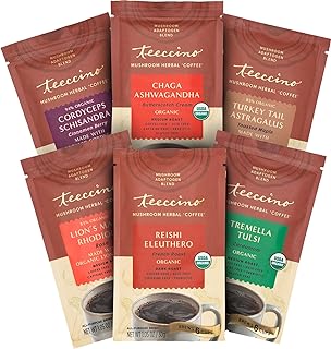 Teeccino Mushroom Adaptogen Herbal Coffee Sampler - 6 Trial-Size Packets - Chaga Ashwaganda, Reishi Eleuthero, Tremella Tulsi, Cordyceps Schisandra, Turkey Tail Astragalus, Lion’s Mane Rhodiola